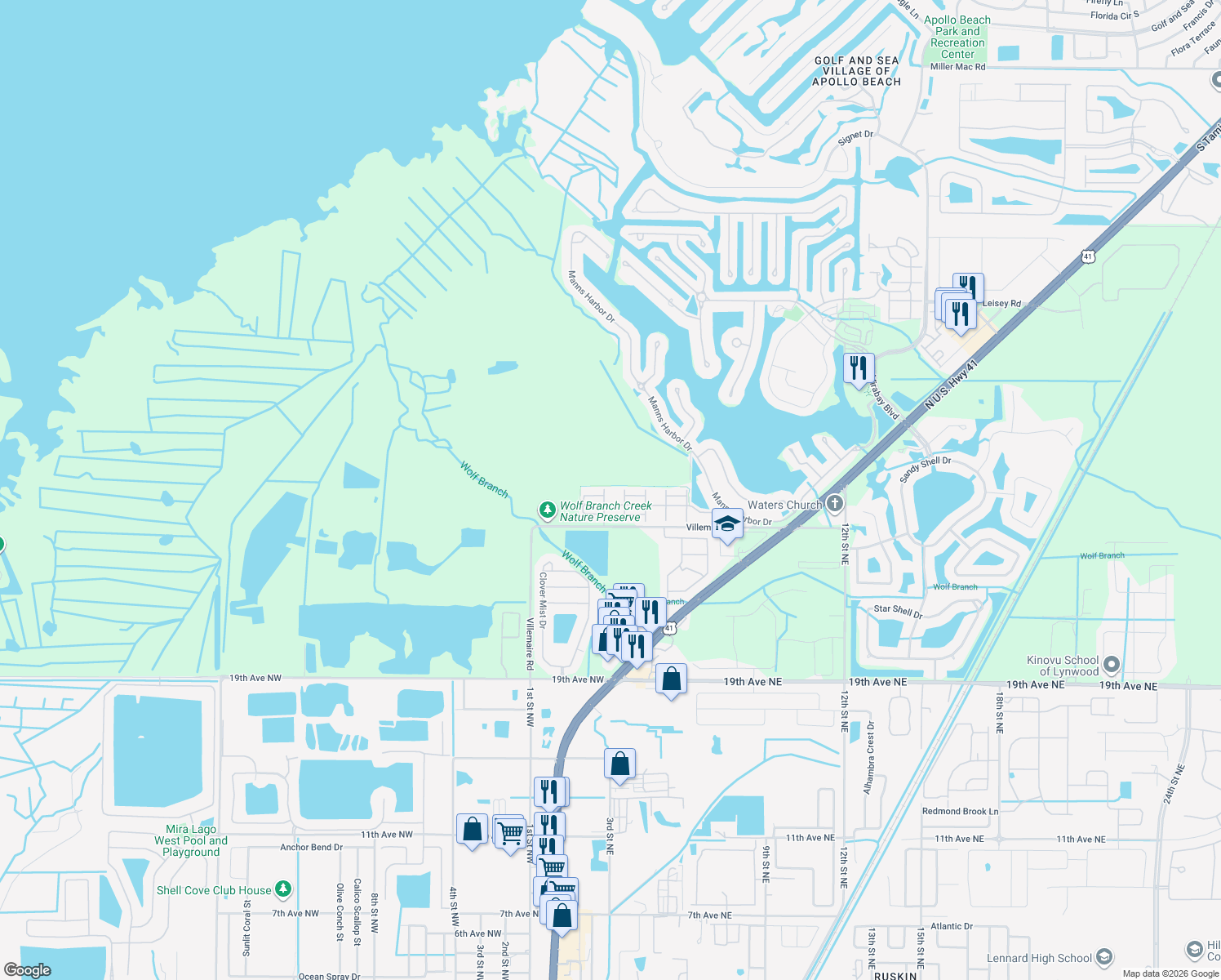 map of restaurants, bars, coffee shops, grocery stores, and more near 719 Winterside Drive in Apollo Beach