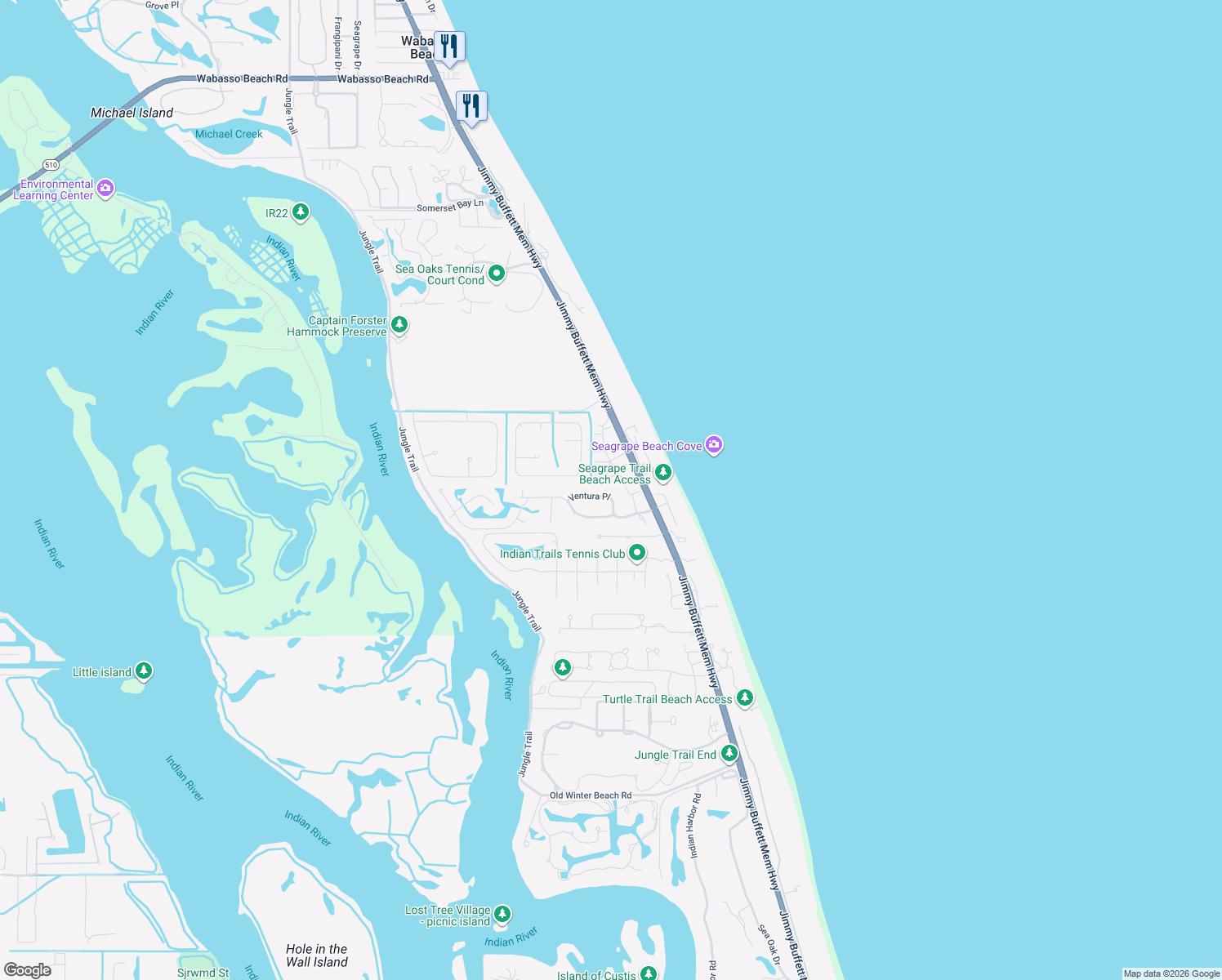 map of restaurants, bars, coffee shops, grocery stores, and more near 430 Ventura Place in Vero Beach