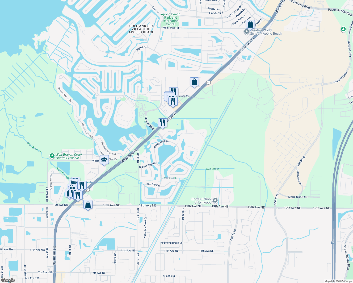 map of restaurants, bars, coffee shops, grocery stores, and more near 204 Royal Bonnet Dr in Apollo Beach