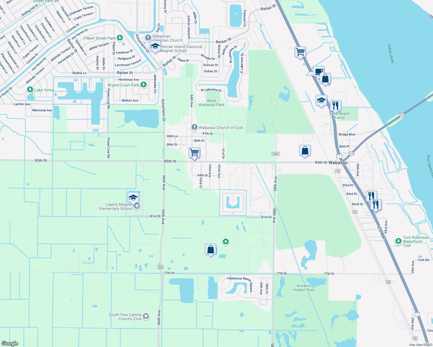 map of restaurants, bars, coffee shops, grocery stores, and more near 8425 62nd Avenue in Vero Beach