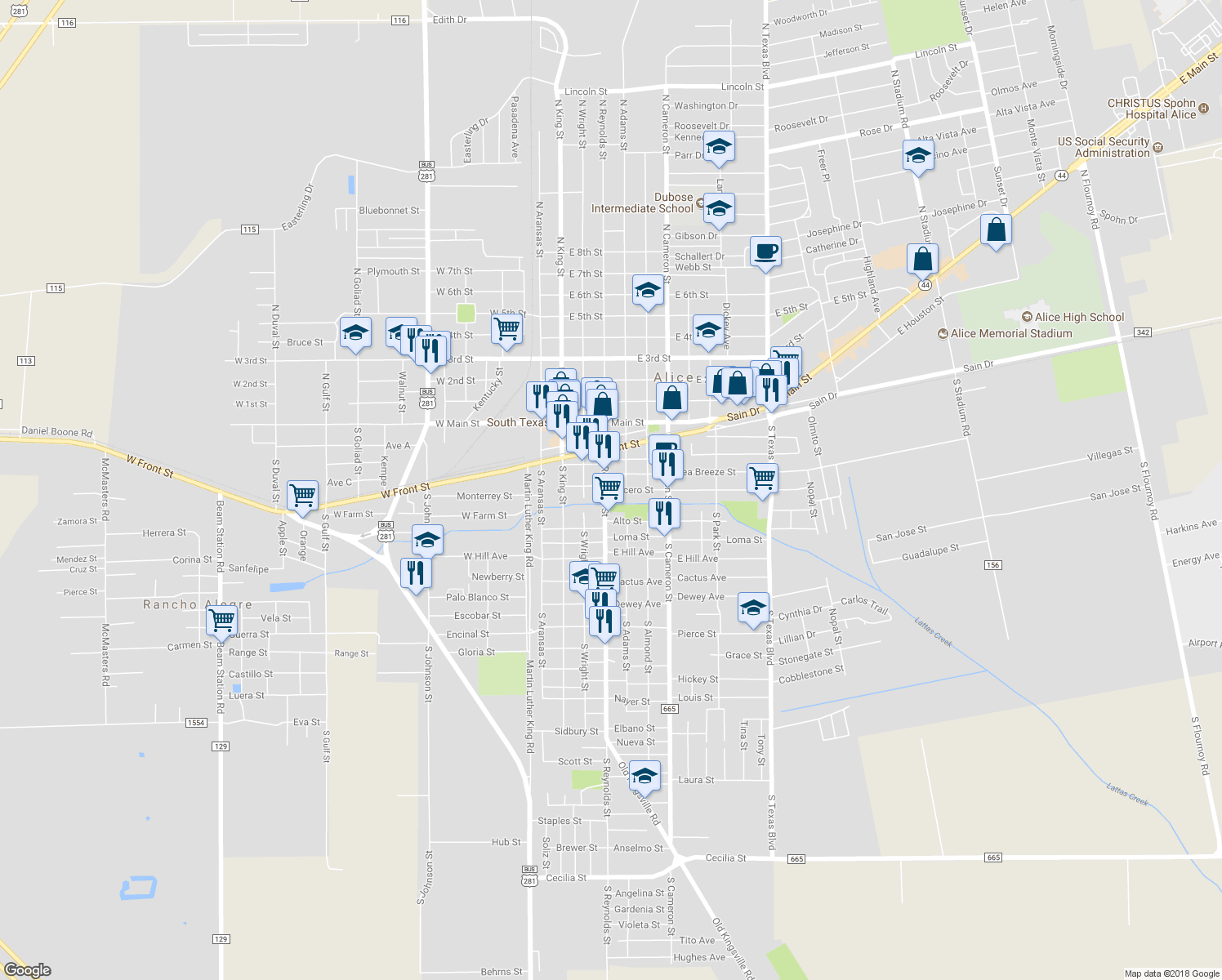 map of restaurants, bars, coffee shops, grocery stores, and more near 404 Lucero Street in Alice