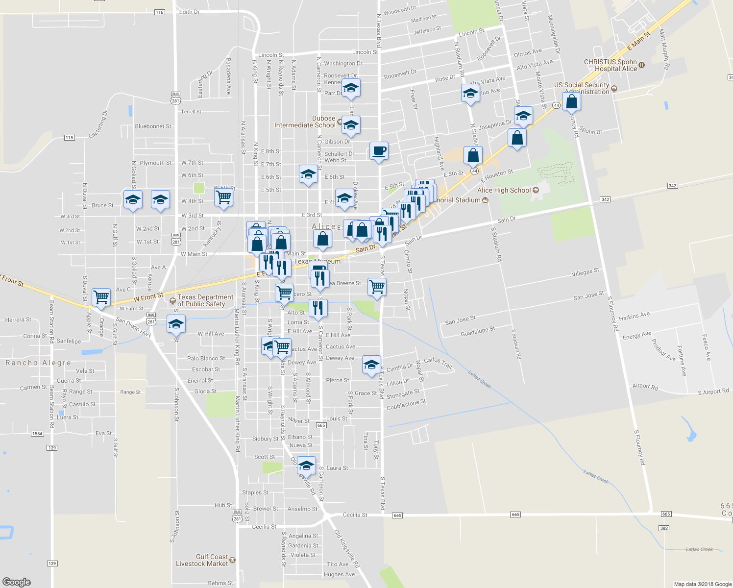 map of restaurants, bars, coffee shops, grocery stores, and more near 844 Lucero Street in Alice
