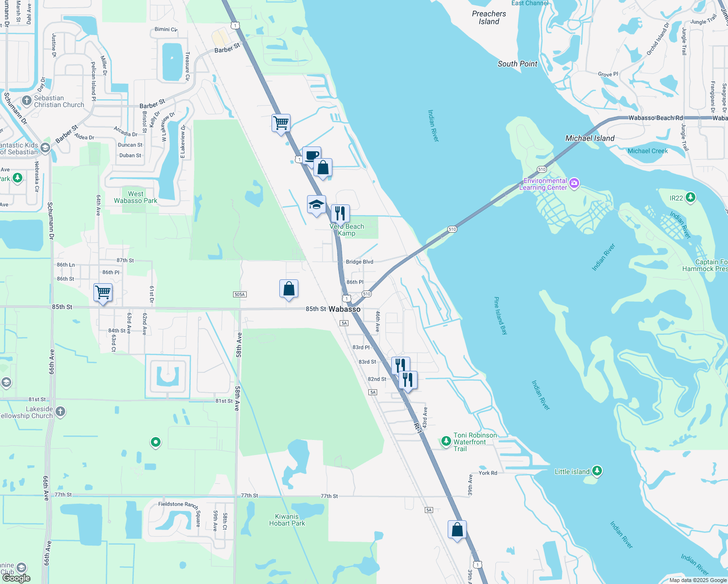 map of restaurants, bars, coffee shops, grocery stores, and more near 4126 47th Avenue in Vero Beach