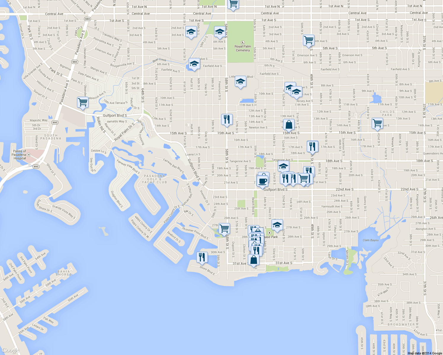 map of restaurants, bars, coffee shops, grocery stores, and more near 5814 20th Avenue South in Gulfport