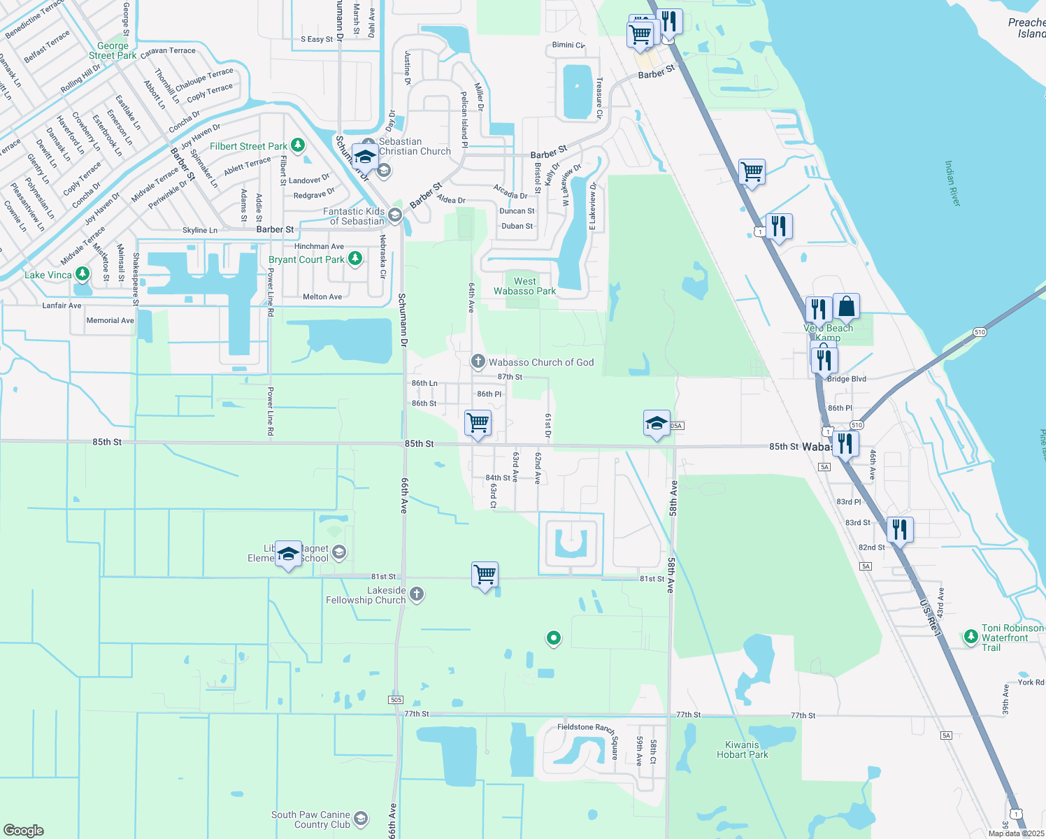 map of restaurants, bars, coffee shops, grocery stores, and more near 8560 63rd Avenue in Vero Beach