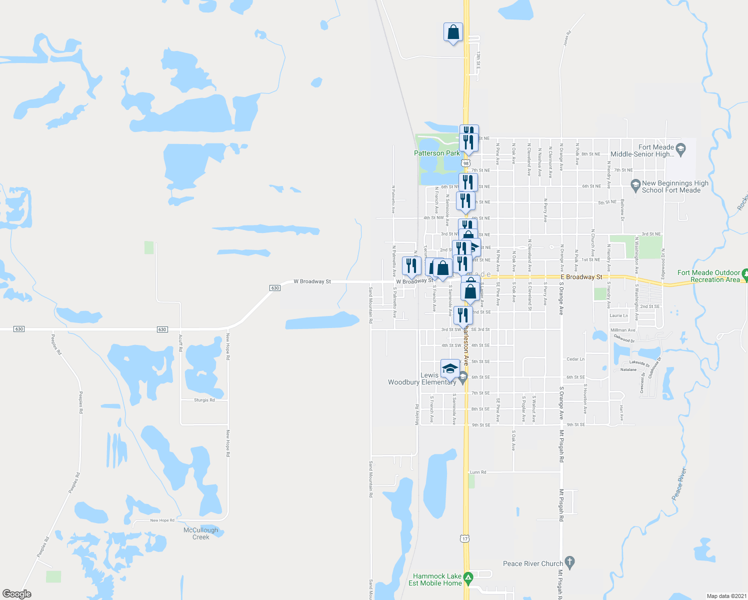 map of restaurants, bars, coffee shops, grocery stores, and more near 33 Sand Mountain Road in Fort Meade