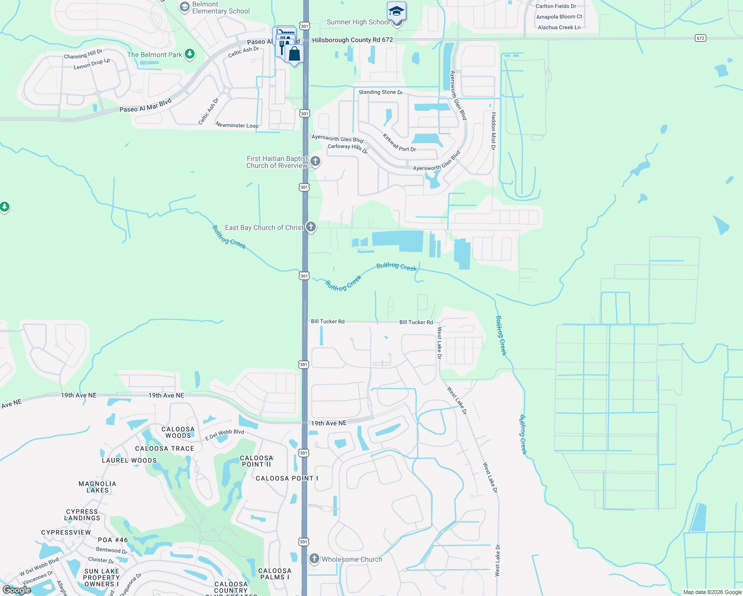 map of restaurants, bars, coffee shops, grocery stores, and more near 10710 Bill Tucker Road in Wimauma