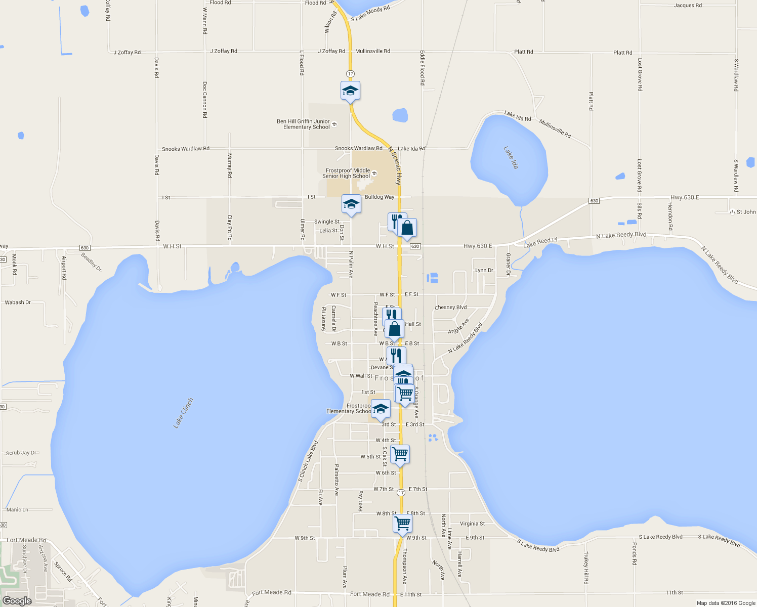 map of restaurants, bars, coffee shops, grocery stores, and more near 40 E St in Frostproof