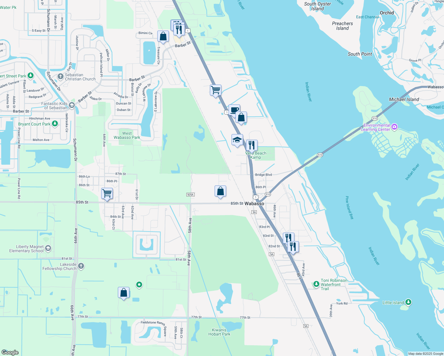 map of restaurants, bars, coffee shops, grocery stores, and more near 5455 87th Street in Sebastian