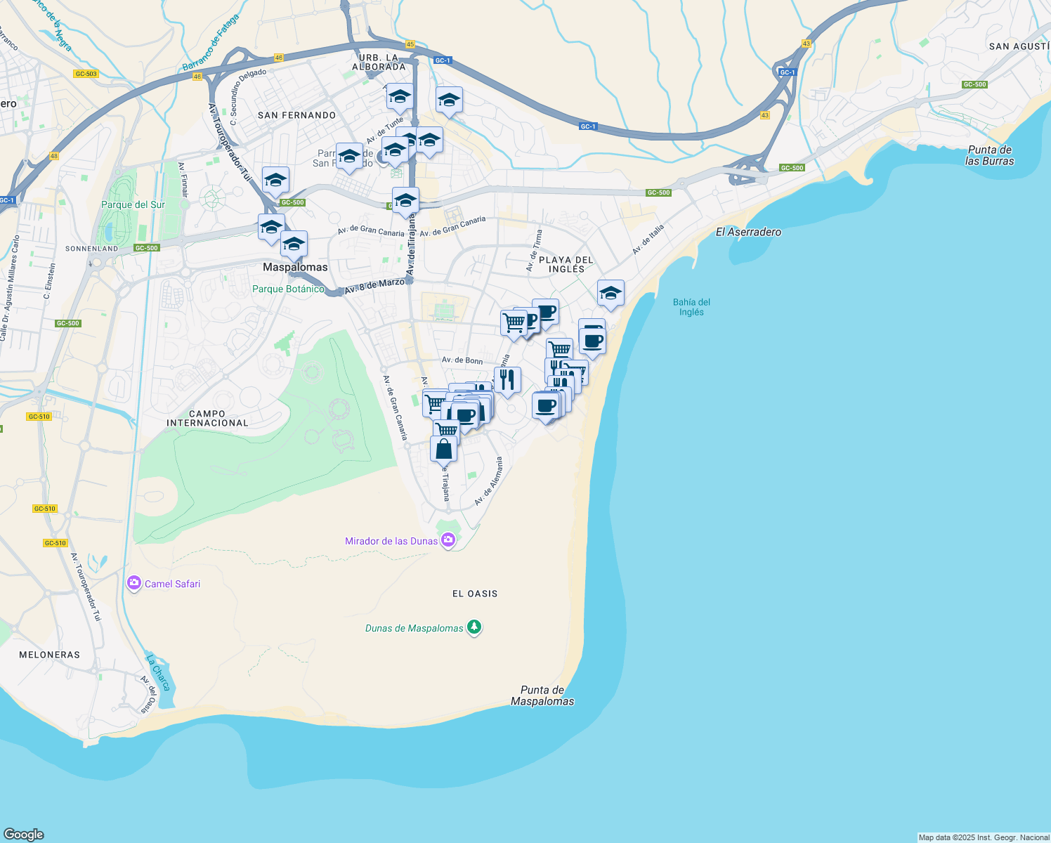 map of restaurants, bars, coffee shops, grocery stores, and more near 18 Calle Roma in San Bartolomé de Tirajana