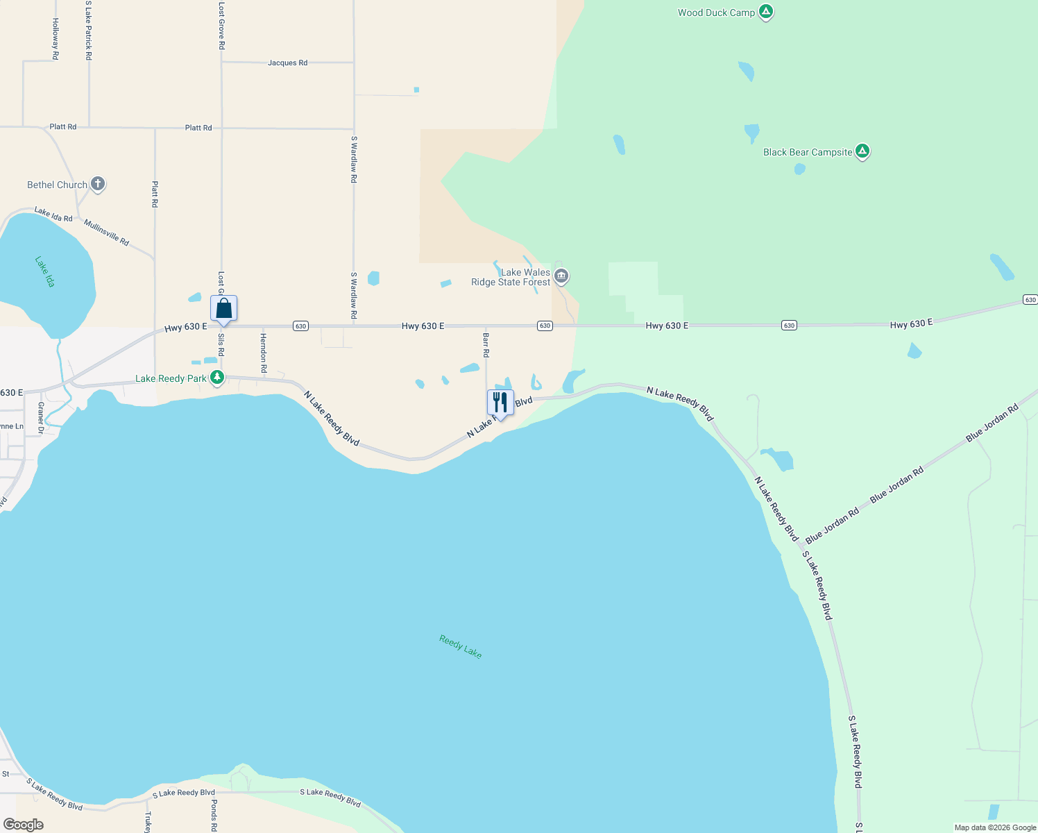 map of restaurants, bars, coffee shops, grocery stores, and more near 1894 North Lake Reedy Boulevard in Frostproof