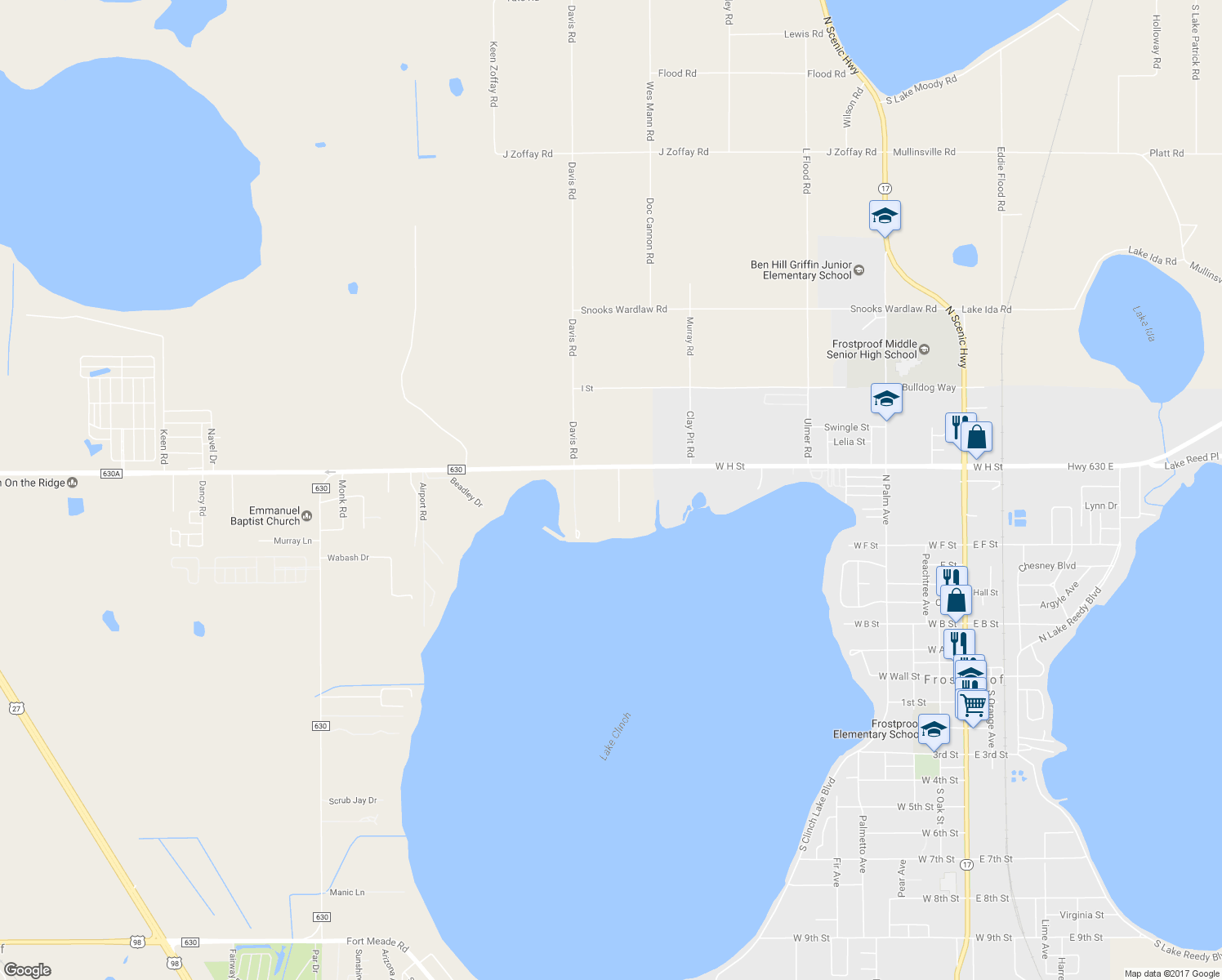 map of restaurants, bars, coffee shops, grocery stores, and more near 8 Fort Clinch Heights Road in Frostproof