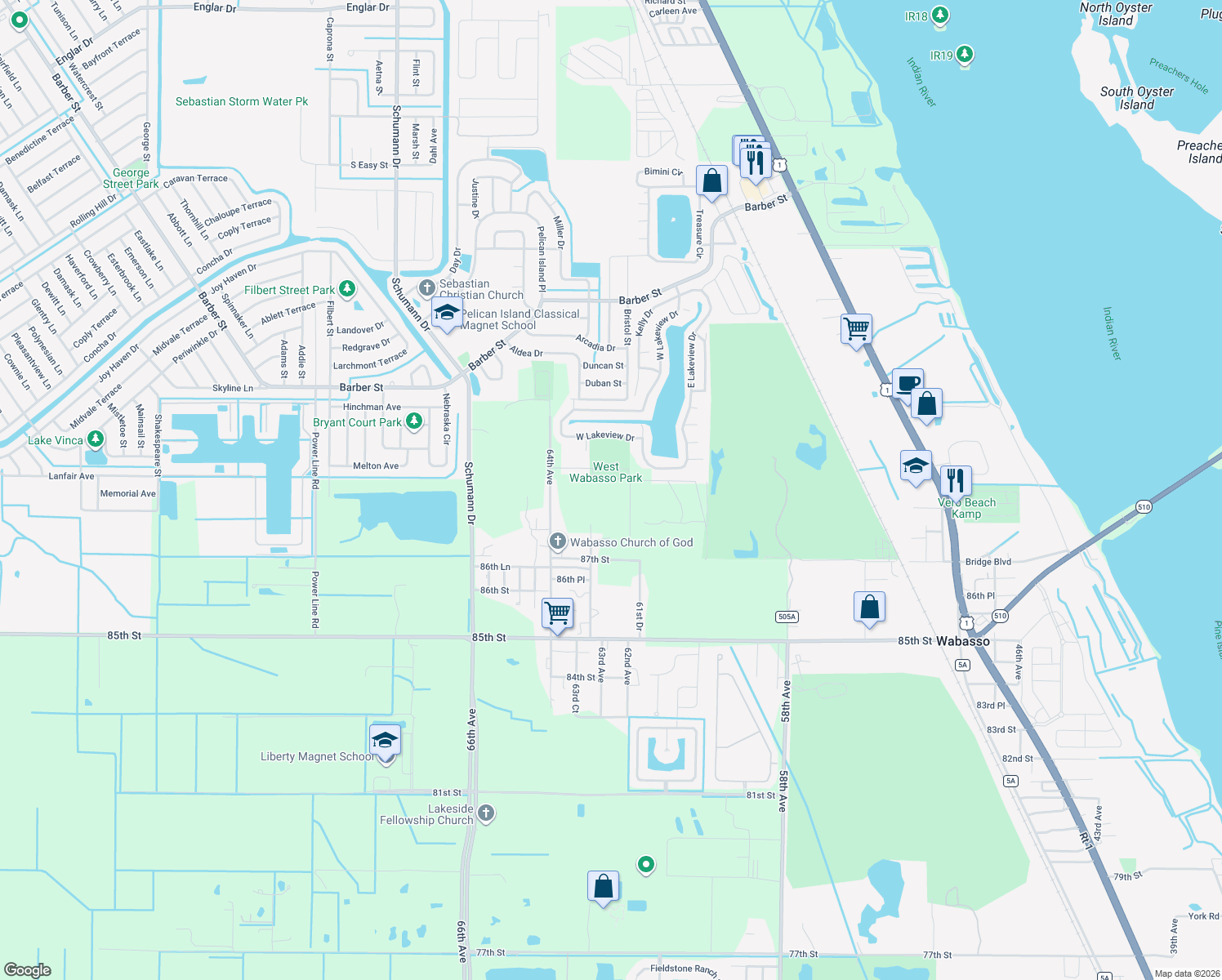 map of restaurants, bars, coffee shops, grocery stores, and more near 8855 62nd Court in Sebastian
