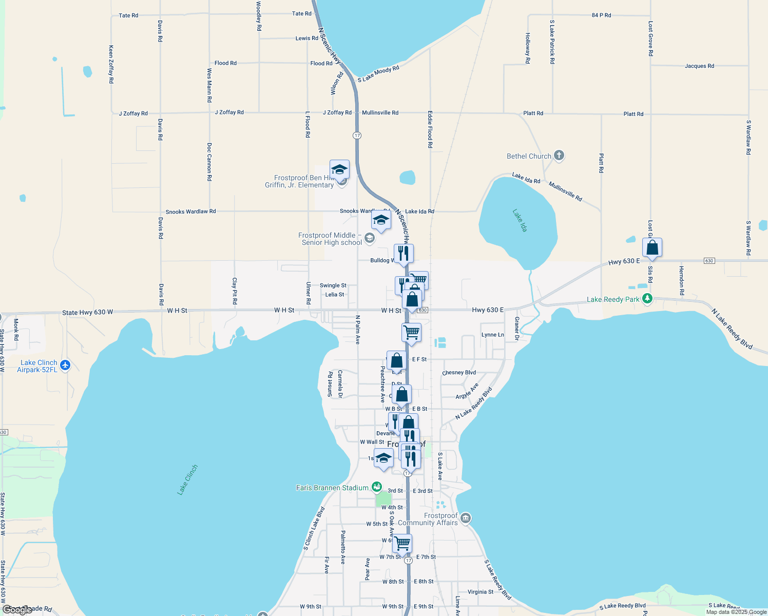 map of restaurants, bars, coffee shops, grocery stores, and more near 1 Colony Street in Frostproof