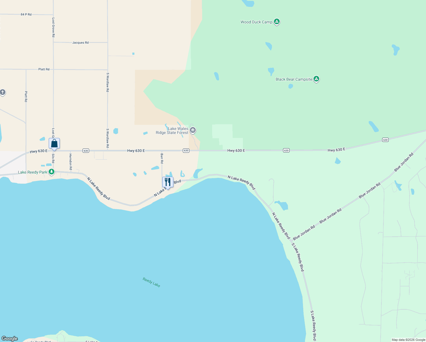 map of restaurants, bars, coffee shops, grocery stores, and more near 2174 North Lake Reedy Boulevard in Frostproof
