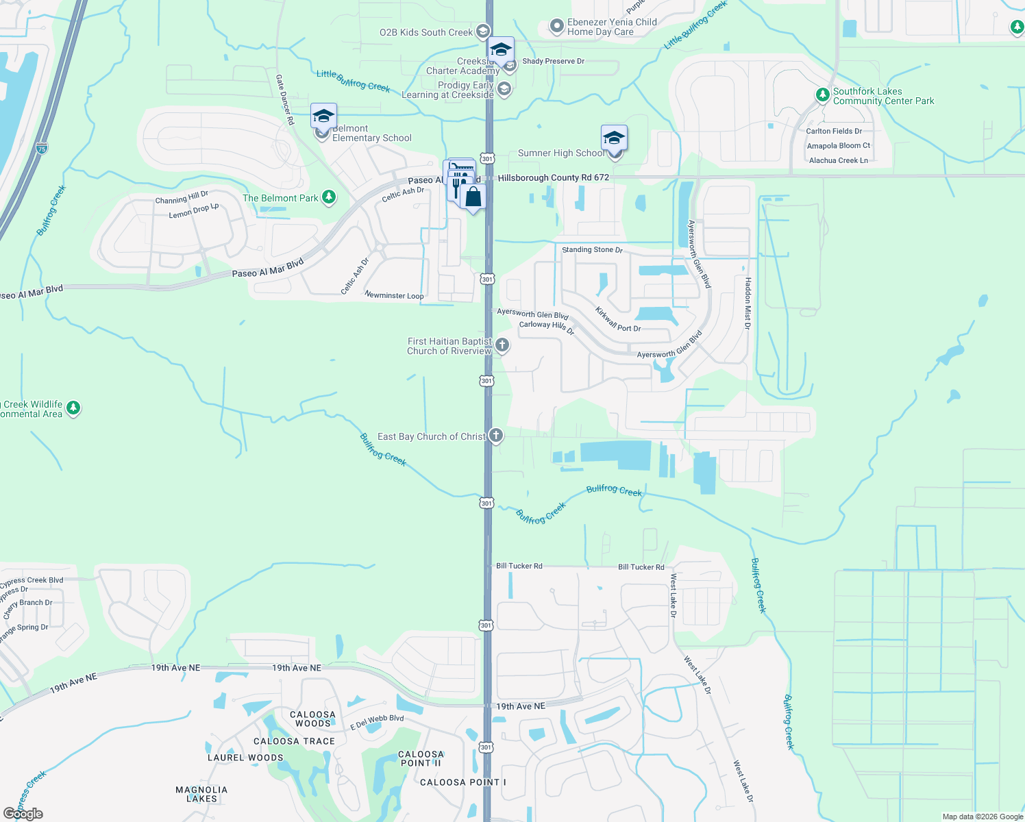 map of restaurants, bars, coffee shops, grocery stores, and more near 10516 Sumner Road in Wimauma