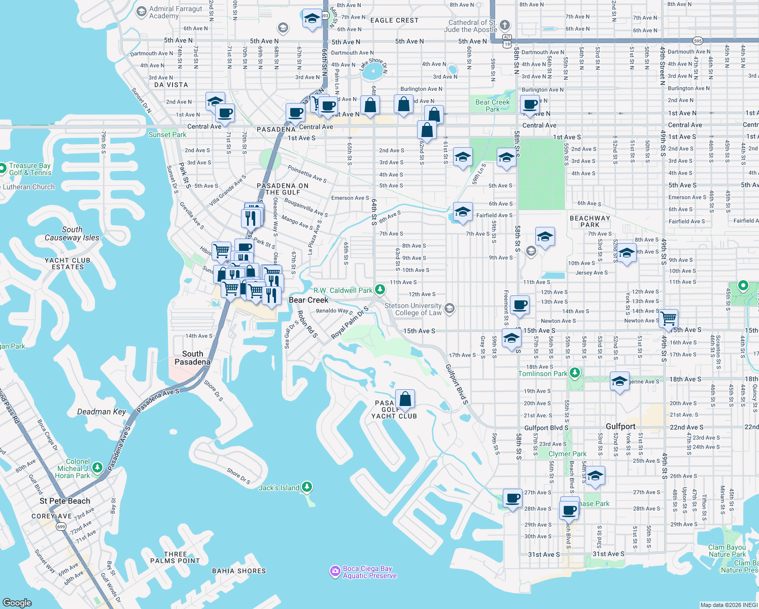 map of restaurants, bars, coffee shops, grocery stores, and more near 6339 Vista Verde Drive East in Gulfport