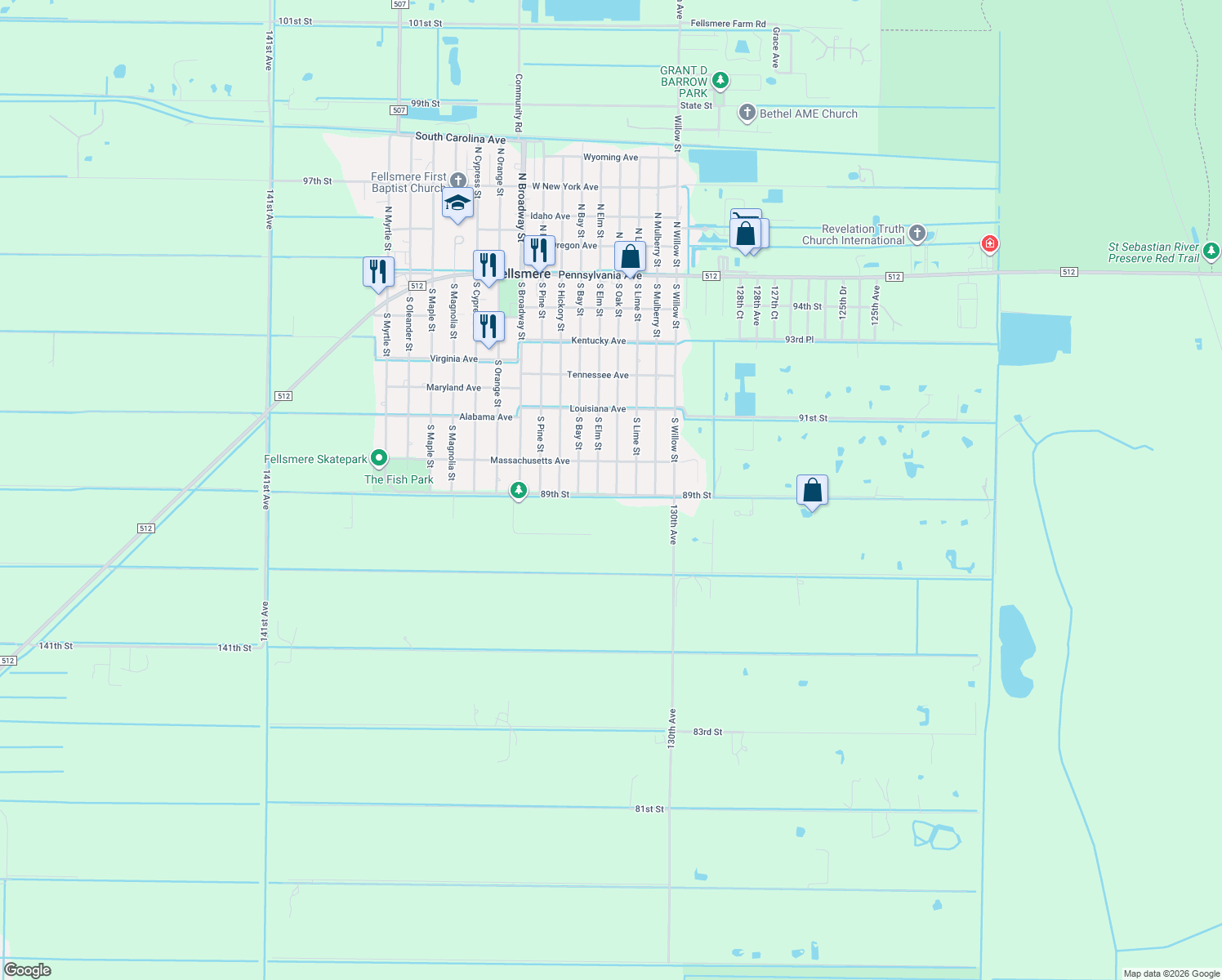 map of restaurants, bars, coffee shops, grocery stores, and more near 260 South Oak Street in Fellsmere