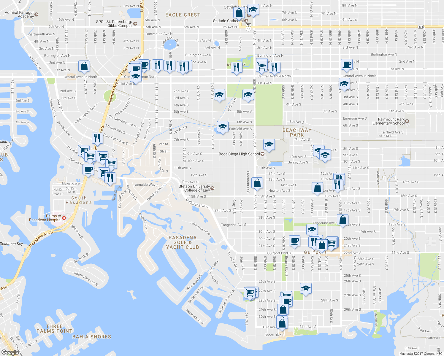 map of restaurants, bars, coffee shops, grocery stores, and more near 1212 Hull Street South in Gulfport