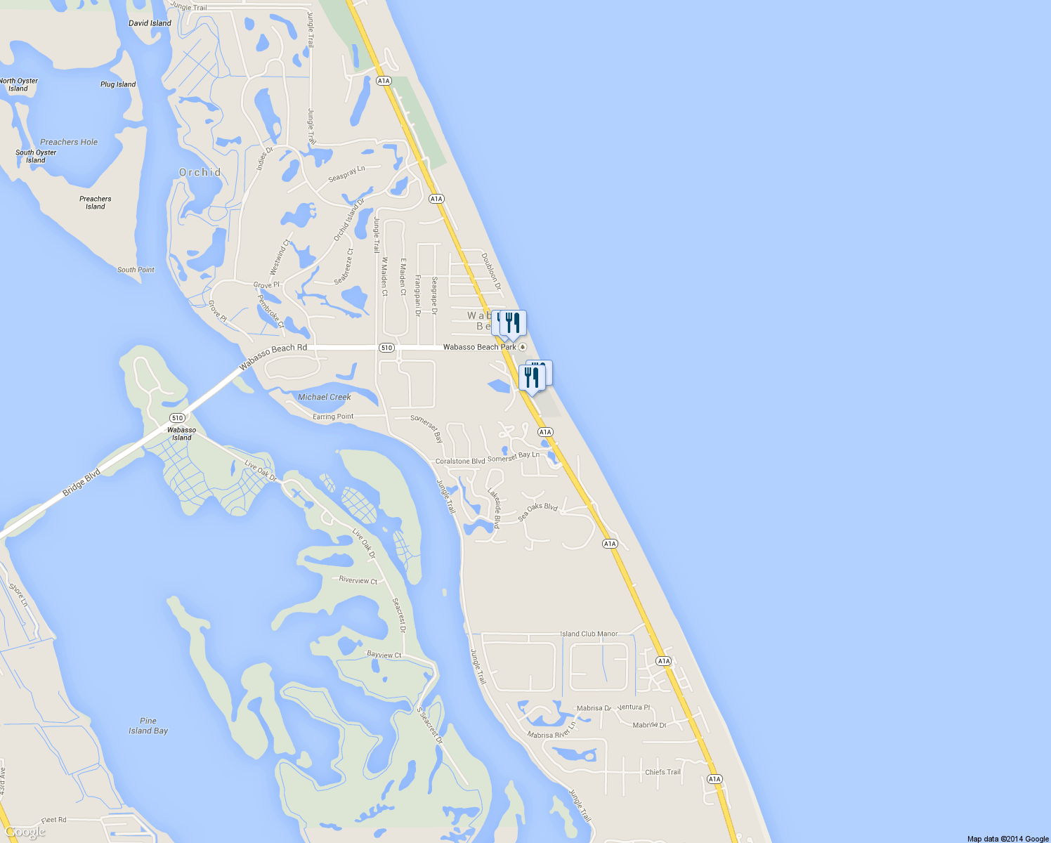 map of restaurants, bars, coffee shops, grocery stores, and more near 1340 Coral Park Lane in Vero Beach