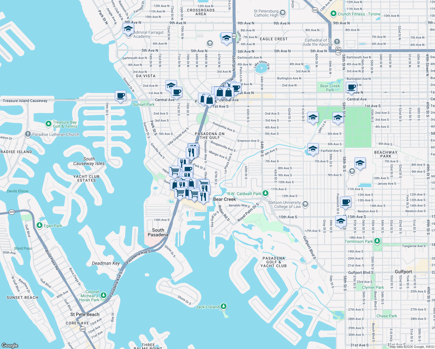 map of restaurants, bars, coffee shops, grocery stores, and more near 844 67th Street South in St. Petersburg