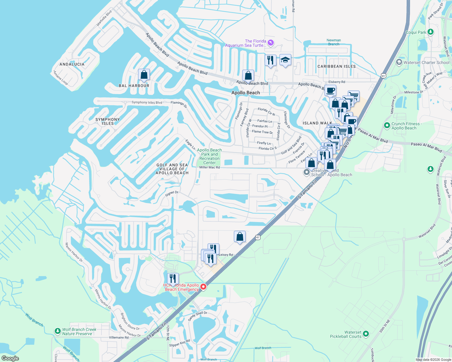 map of restaurants, bars, coffee shops, grocery stores, and more near 420 Seneca Falls Drive in Apollo Beach
