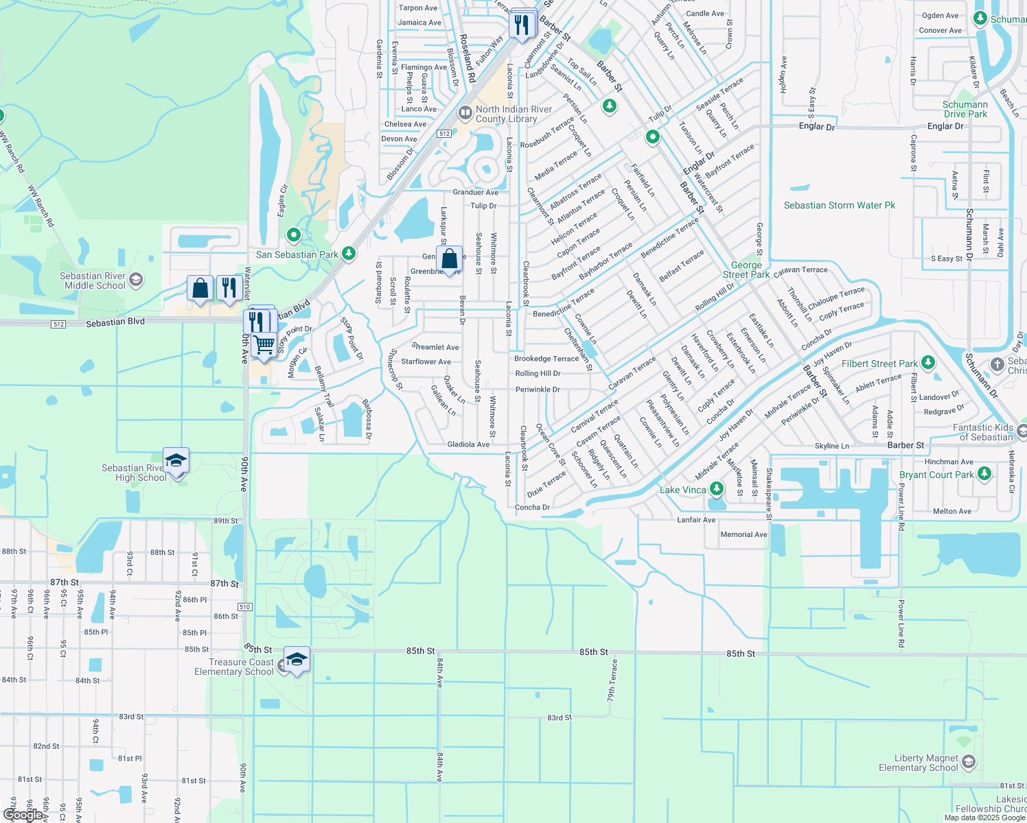 map of restaurants, bars, coffee shops, grocery stores, and more near 1634 Laconia Street in Sebastian