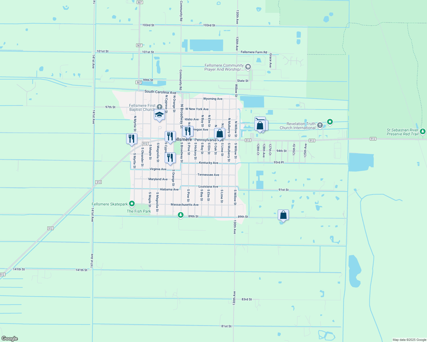 map of restaurants, bars, coffee shops, grocery stores, and more near 108 S Oak St in Fellsmere