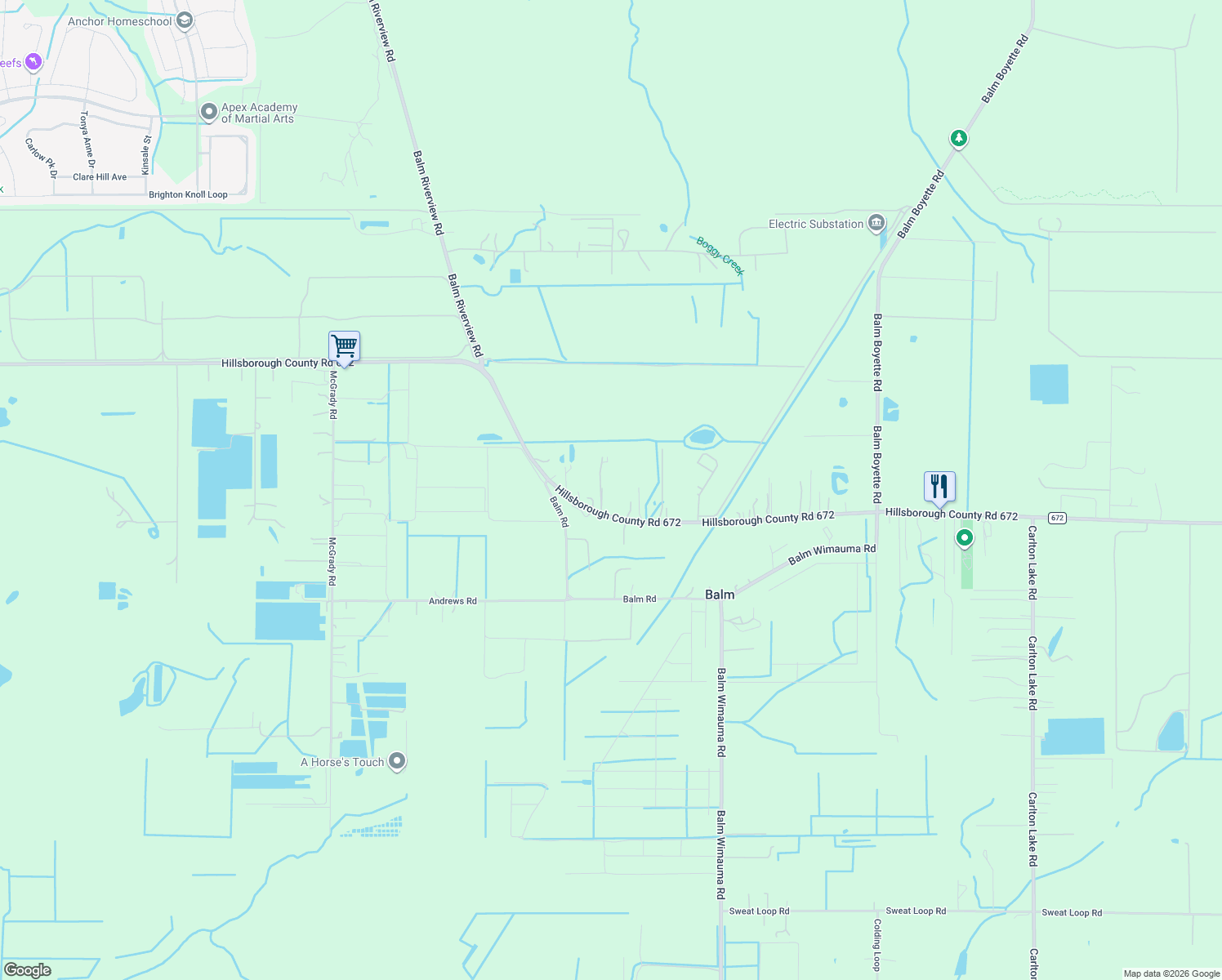 map of restaurants, bars, coffee shops, grocery stores, and more near 14822 Juntunen Acres Lane in Riverview