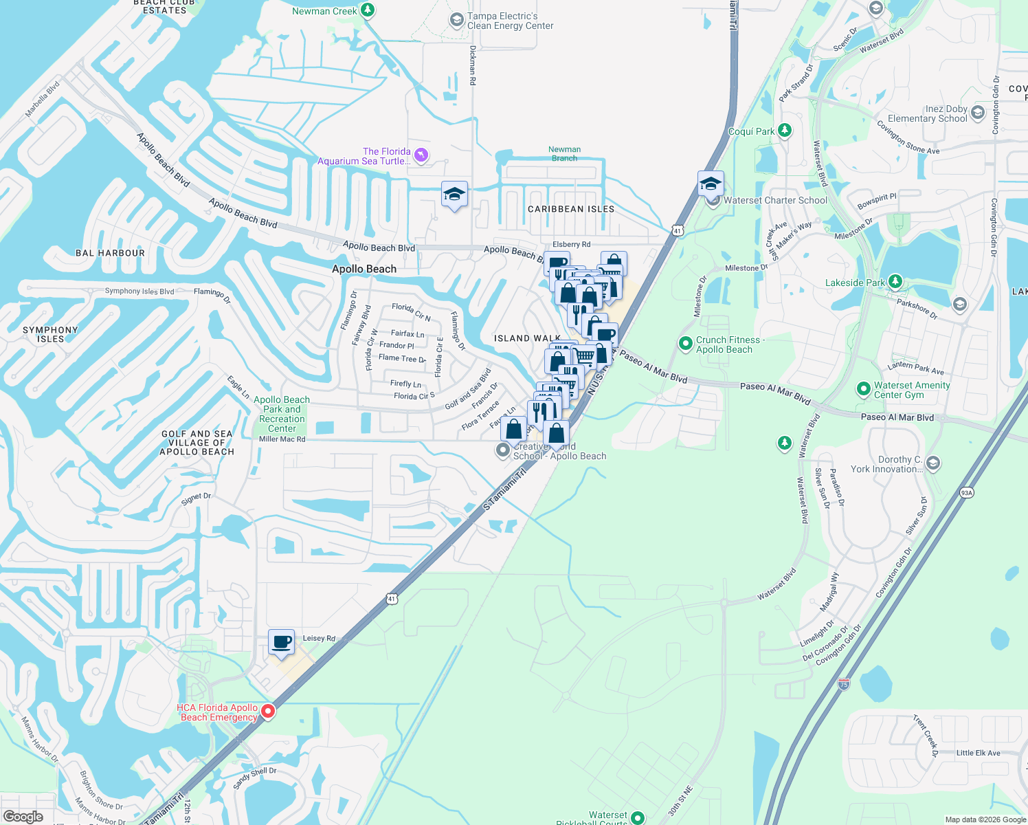 map of restaurants, bars, coffee shops, grocery stores, and more near 6023 Fauna Lane in Apollo Beach