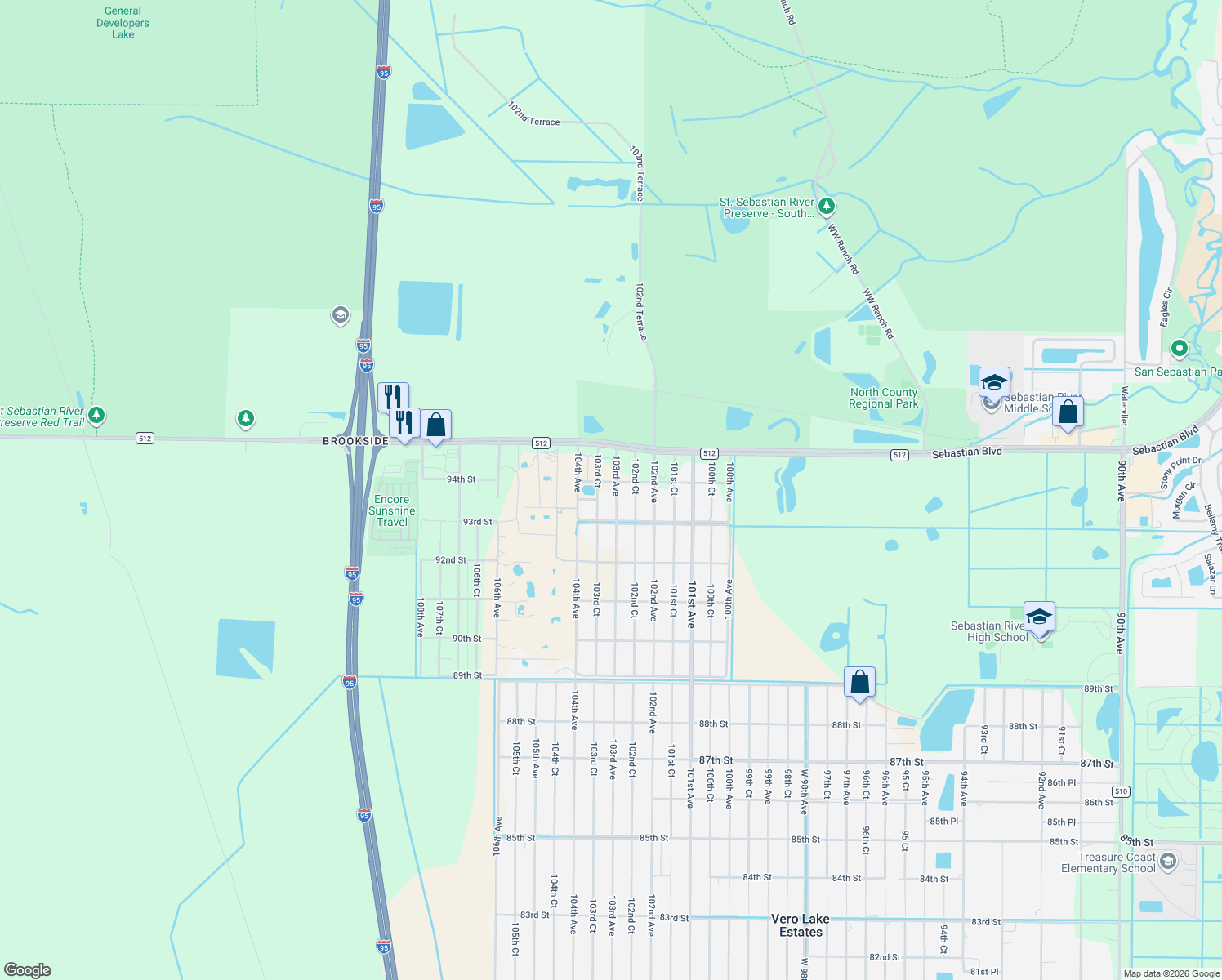 map of restaurants, bars, coffee shops, grocery stores, and more near 9375 103rd Avenue in Vero Beach