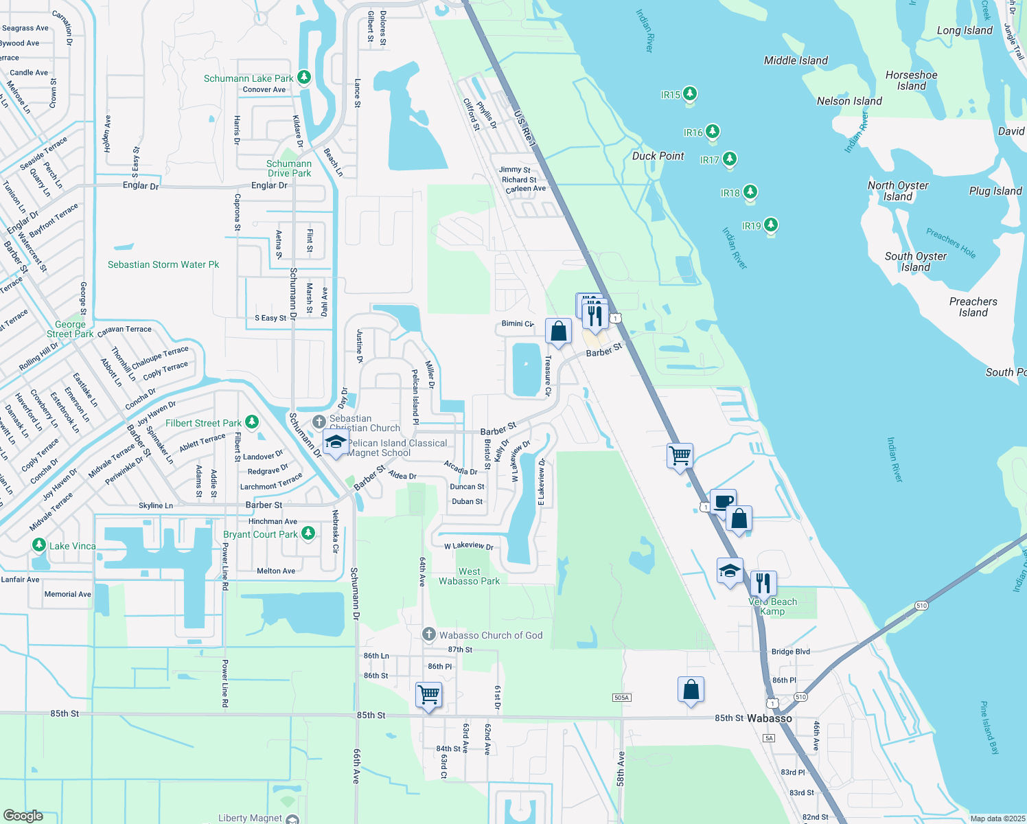 map of restaurants, bars, coffee shops, grocery stores, and more near 2050 Barber Street in Sebastian