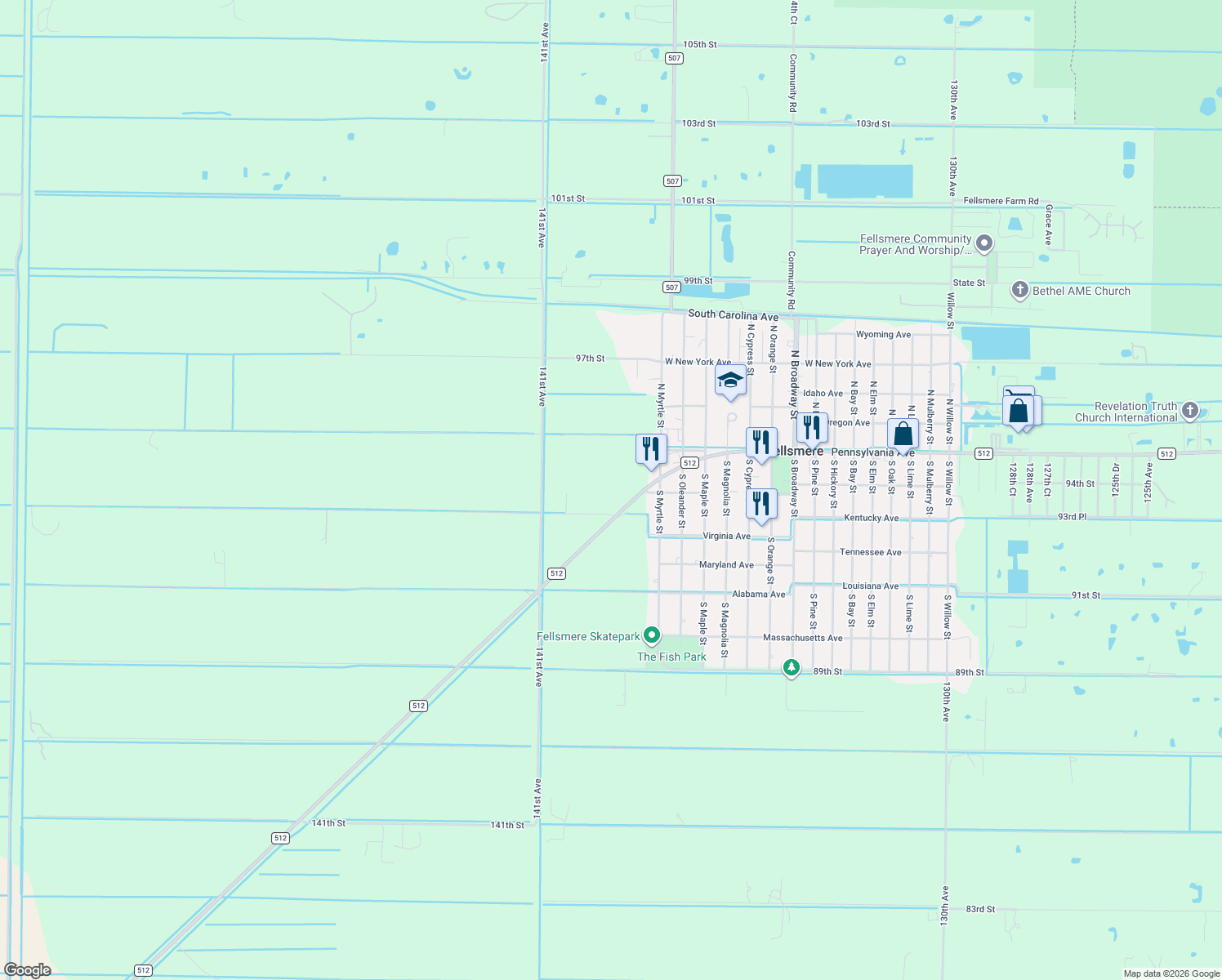 map of restaurants, bars, coffee shops, grocery stores, and more near 13810 County Road 512 in Fellsmere
