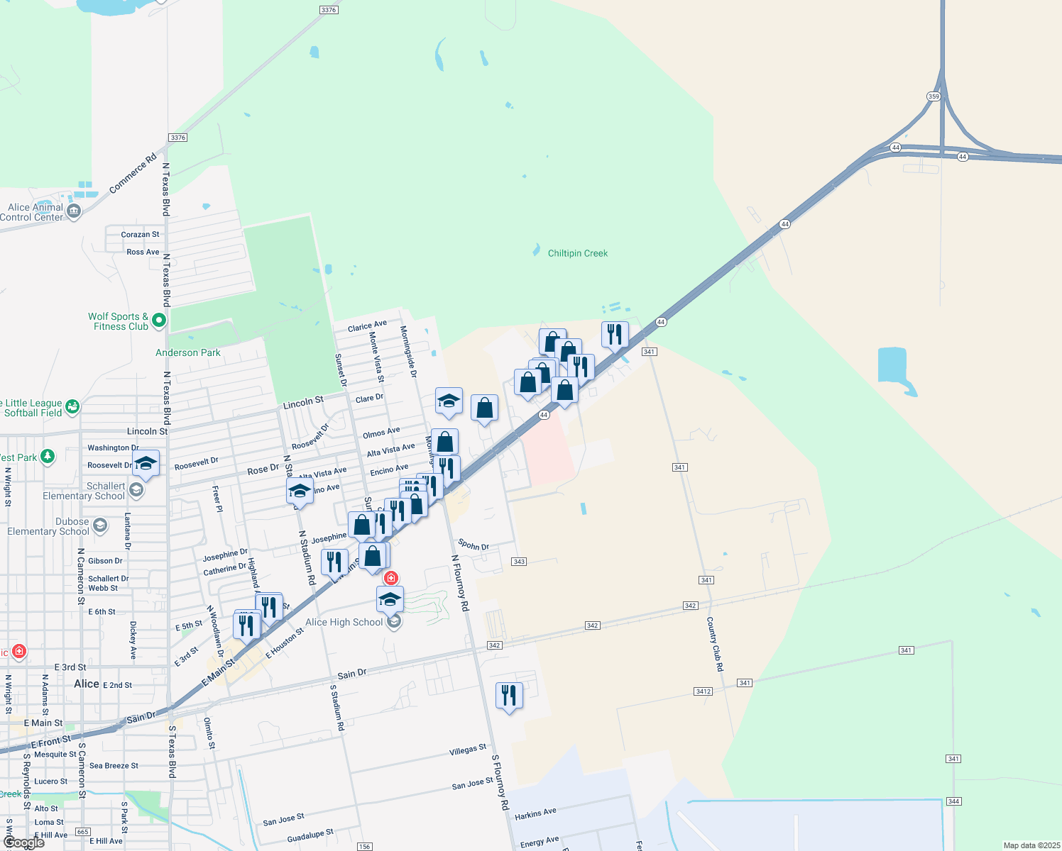 map of restaurants, bars, coffee shops, grocery stores, and more near 2500 E Main St in Alice