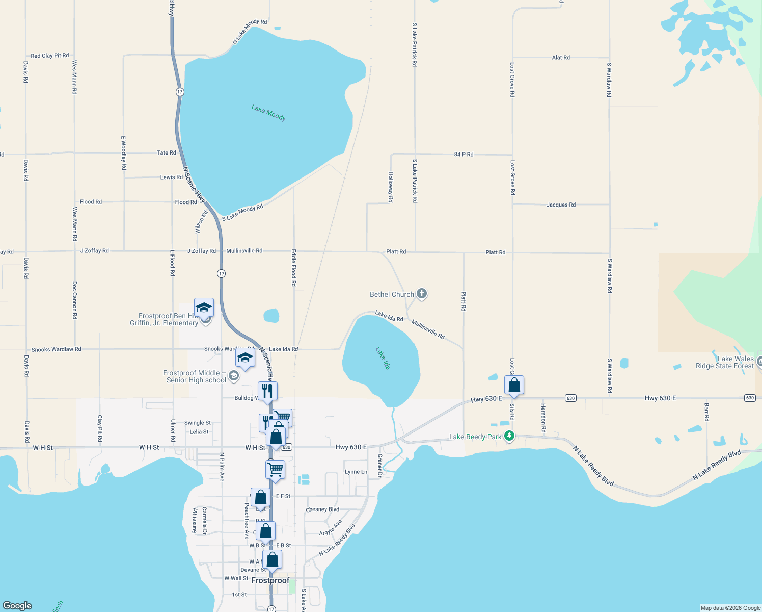 map of restaurants, bars, coffee shops, grocery stores, and more near 208 Lake Ida Road in Frostproof