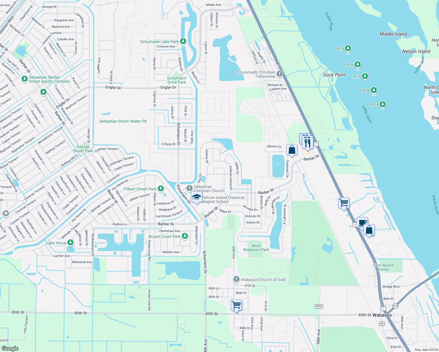 map of restaurants, bars, coffee shops, grocery stores, and more near 113 Douglass Avenue in Sebastian