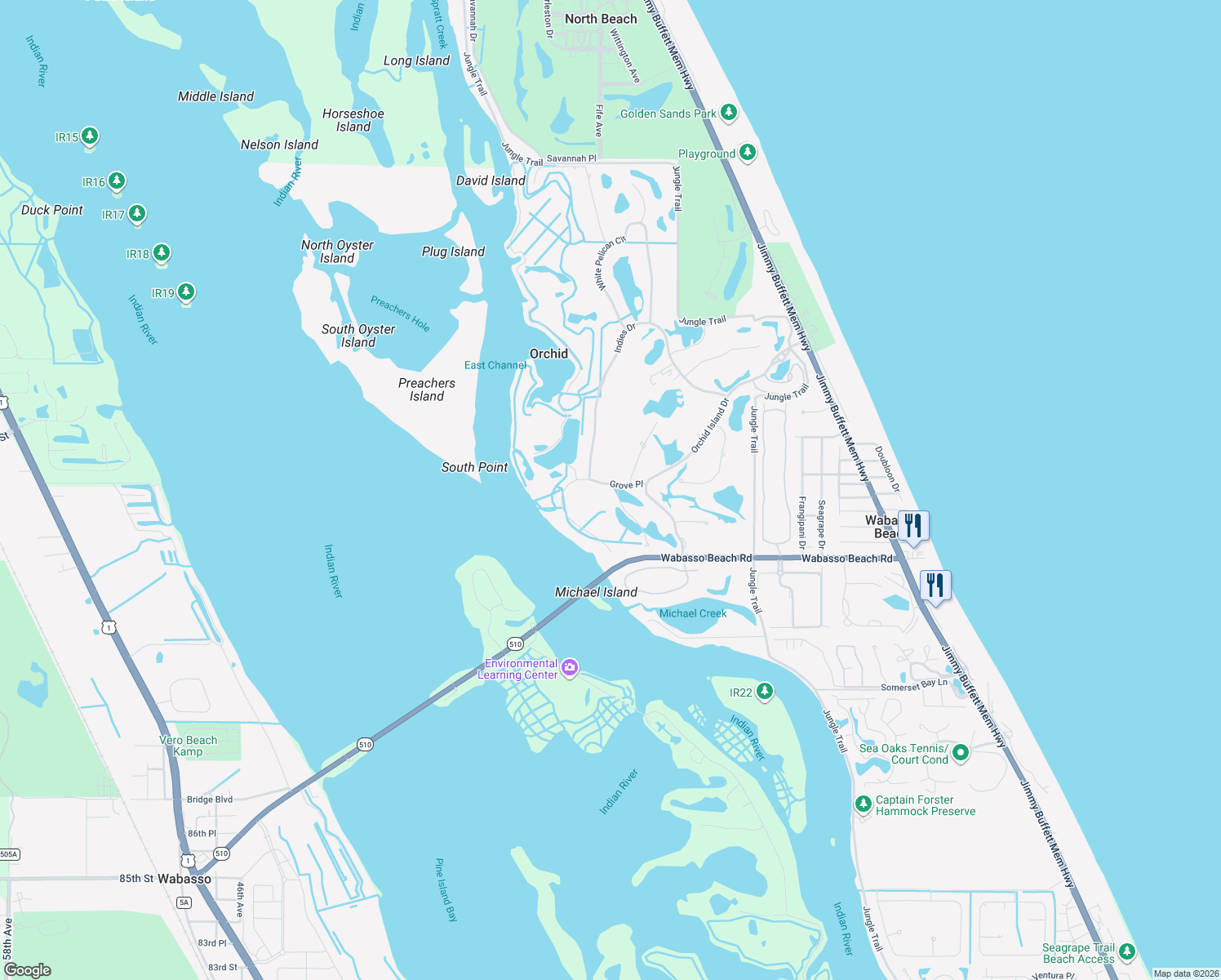 map of restaurants, bars, coffee shops, grocery stores, and more near 800 Pembroke Court in Vero Beach