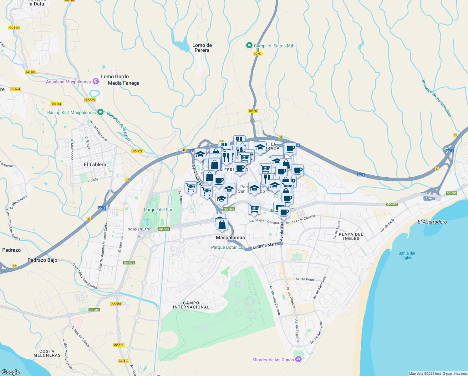 map of restaurants, bars, coffee shops, grocery stores, and more near s/n Plaza de Timanfaya in Maspalomas