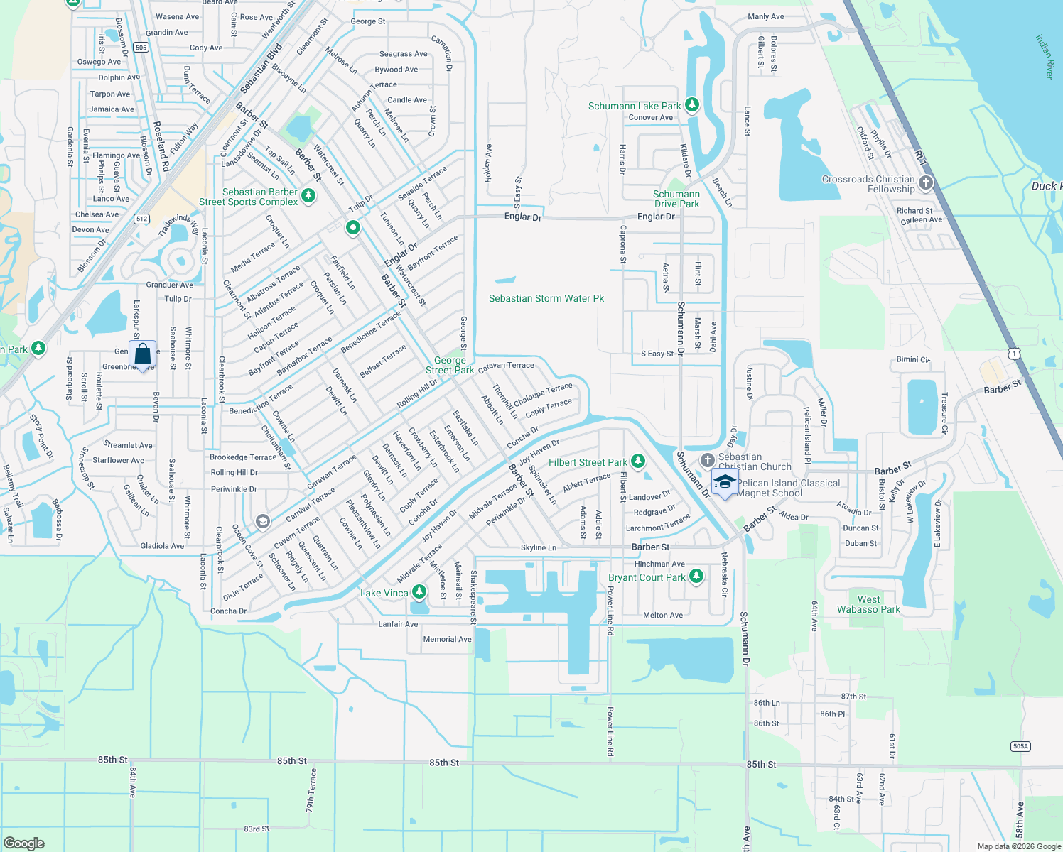 map of restaurants, bars, coffee shops, grocery stores, and more near 173 Concha Drive in Sebastian