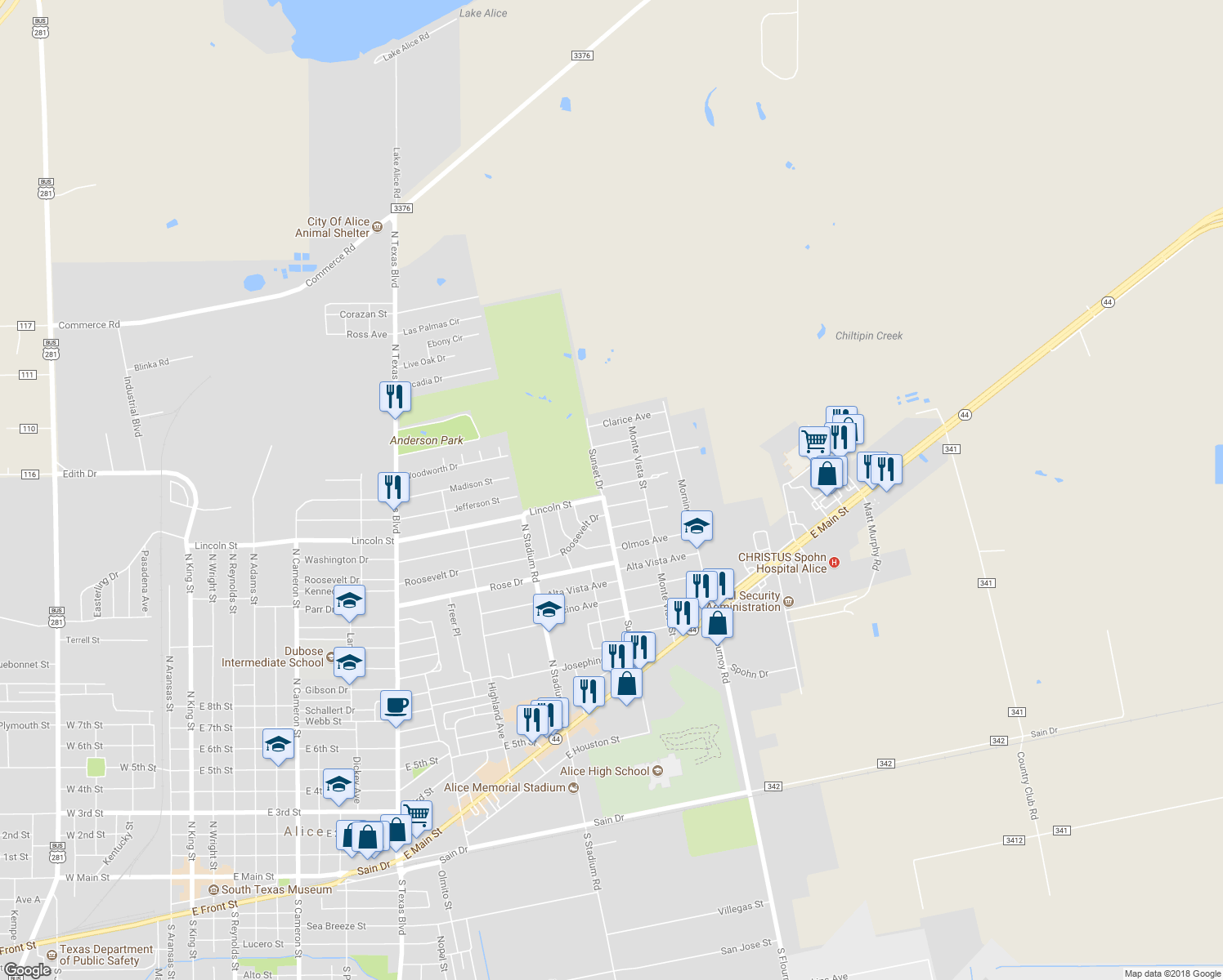 map of restaurants, bars, coffee shops, grocery stores, and more near 1800 Walker Drive in Alice