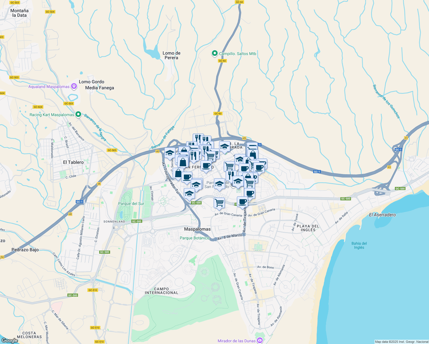 map of restaurants, bars, coffee shops, grocery stores, and more near 38 Calle Santa Brigida in San Bartolomé de Tirajana