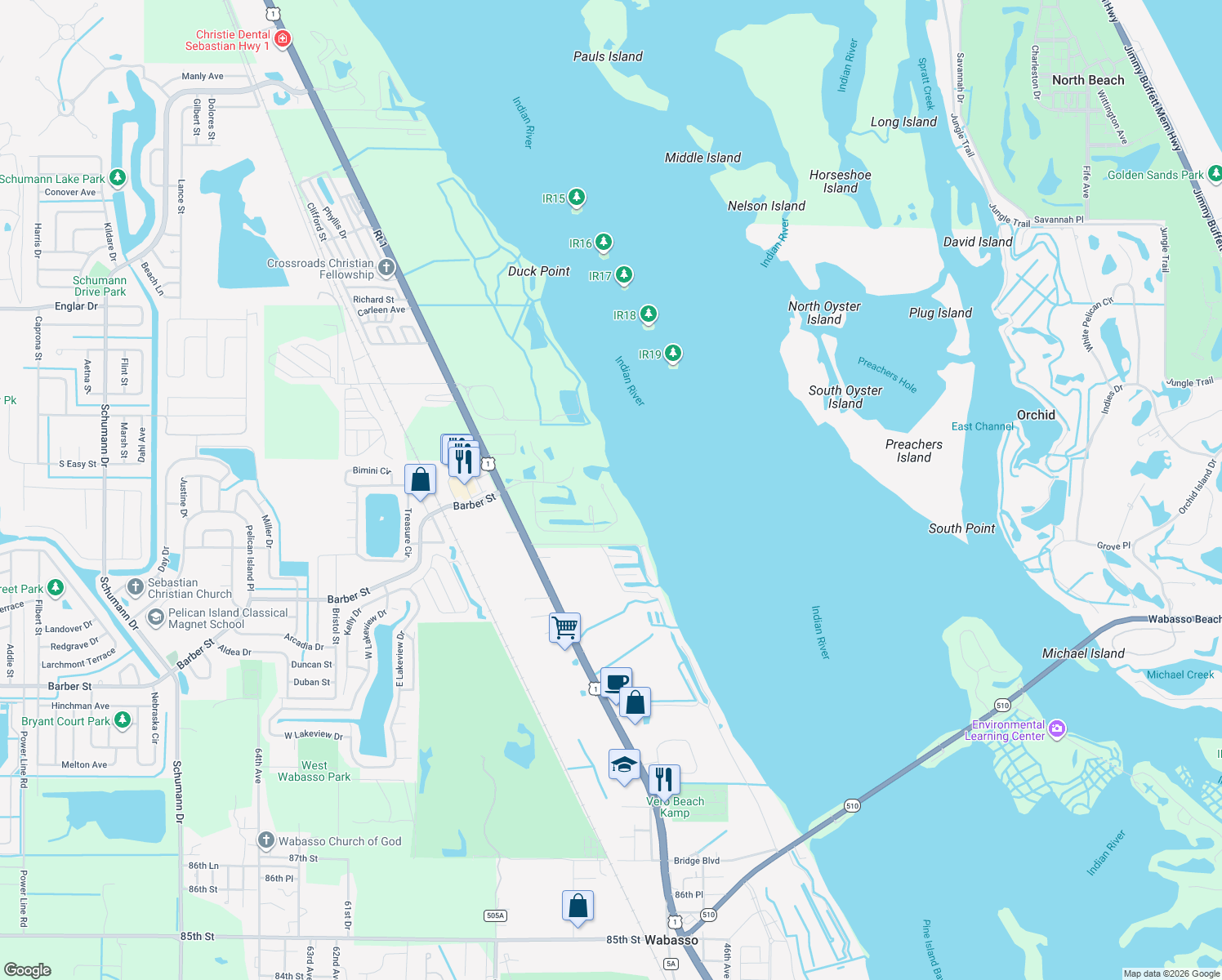map of restaurants, bars, coffee shops, grocery stores, and more near 9536 Riverside Dr in Sebastian