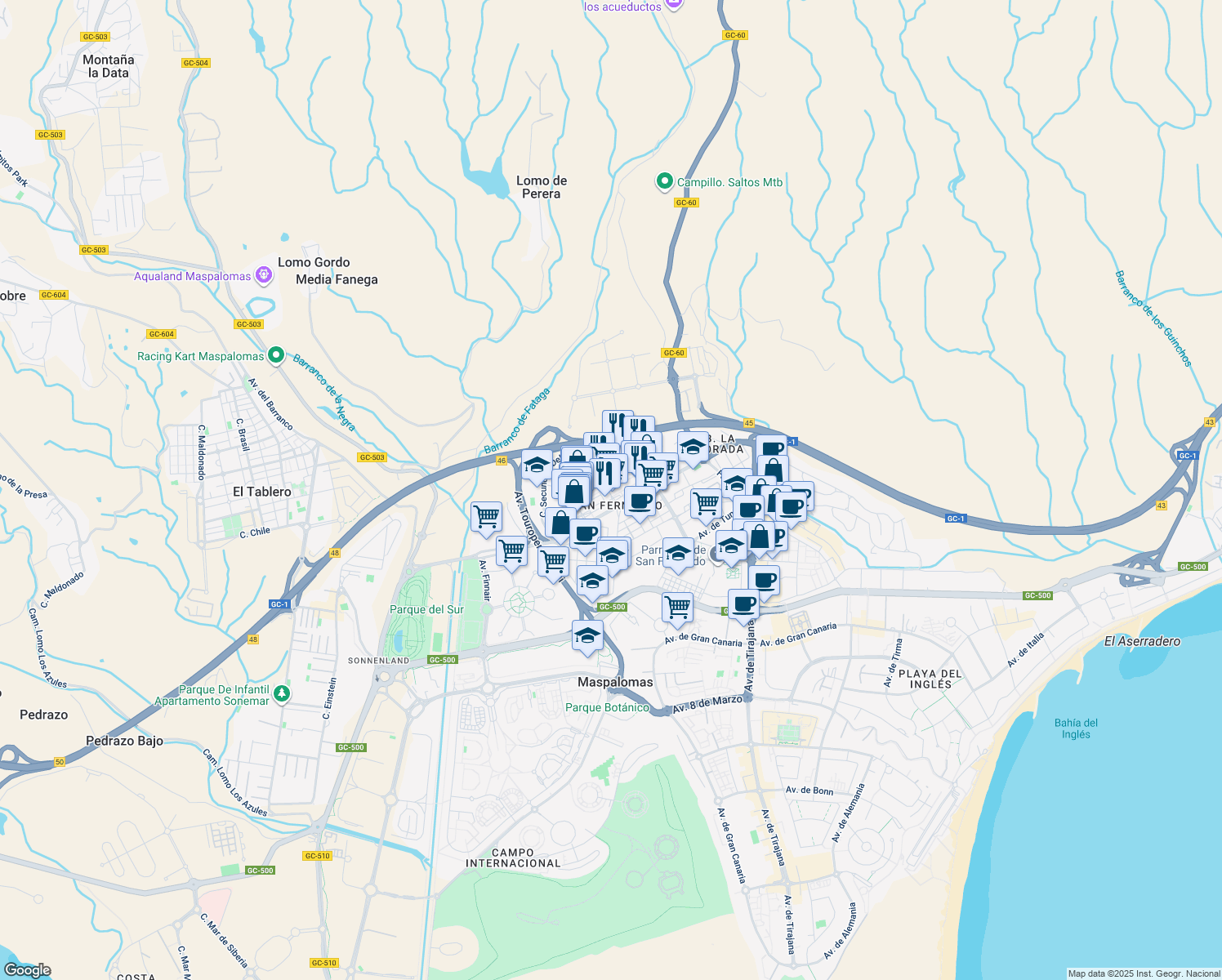map of restaurants, bars, coffee shops, grocery stores, and more near 2 Calle José Yánez Matos in San Bartolomé de Tirajana
