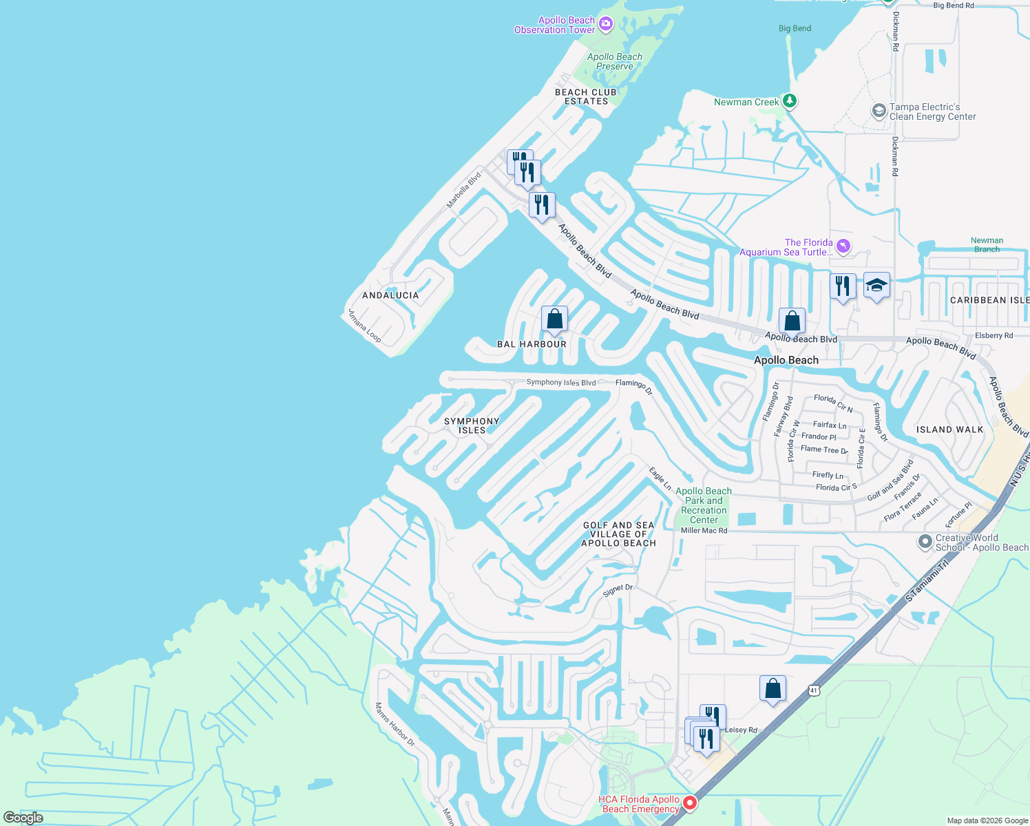 map of restaurants, bars, coffee shops, grocery stores, and more near 913 Allegro Lane in Apollo Beach