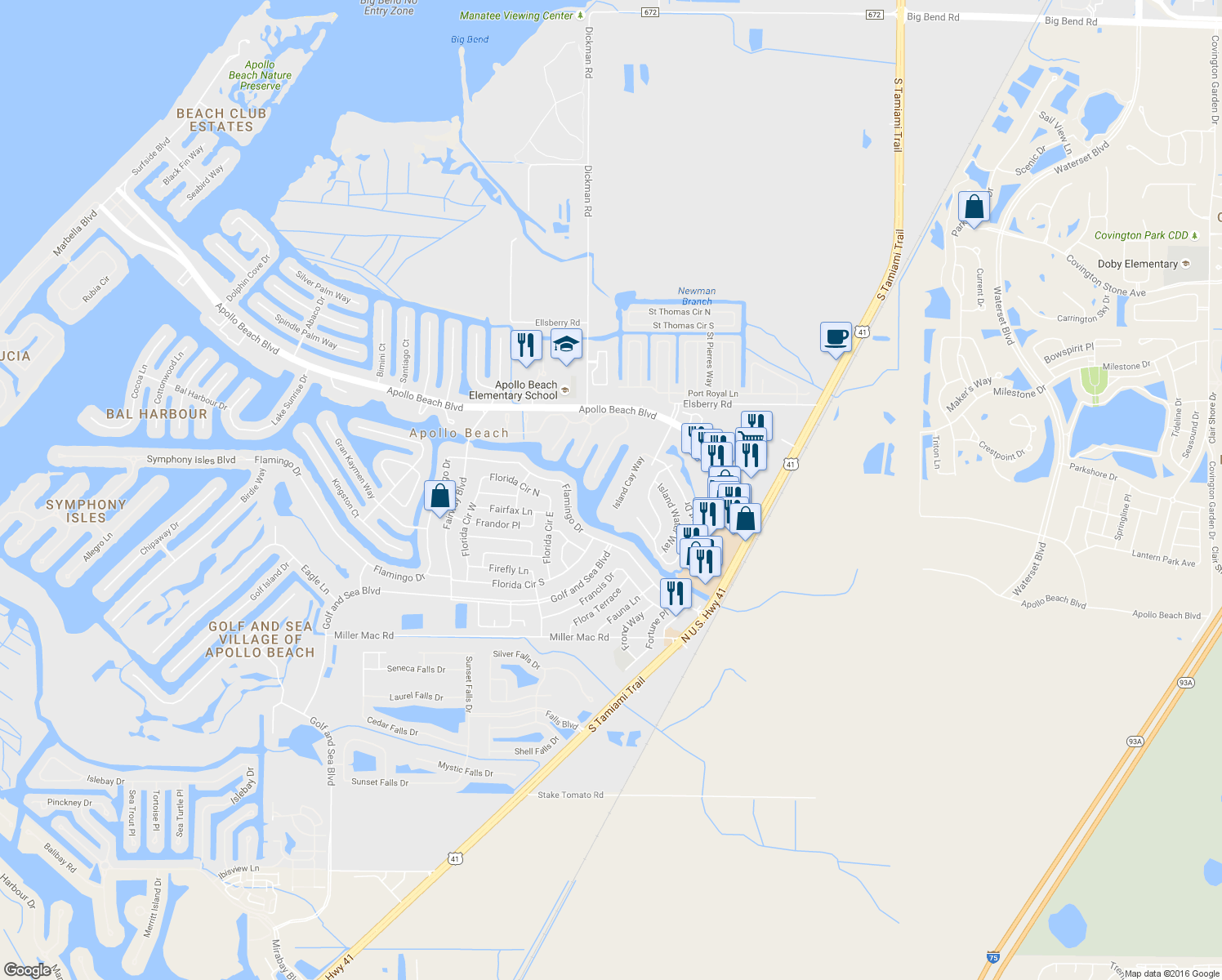 map of restaurants, bars, coffee shops, grocery stores, and more near 424 Island Cay Way in Apollo Beach