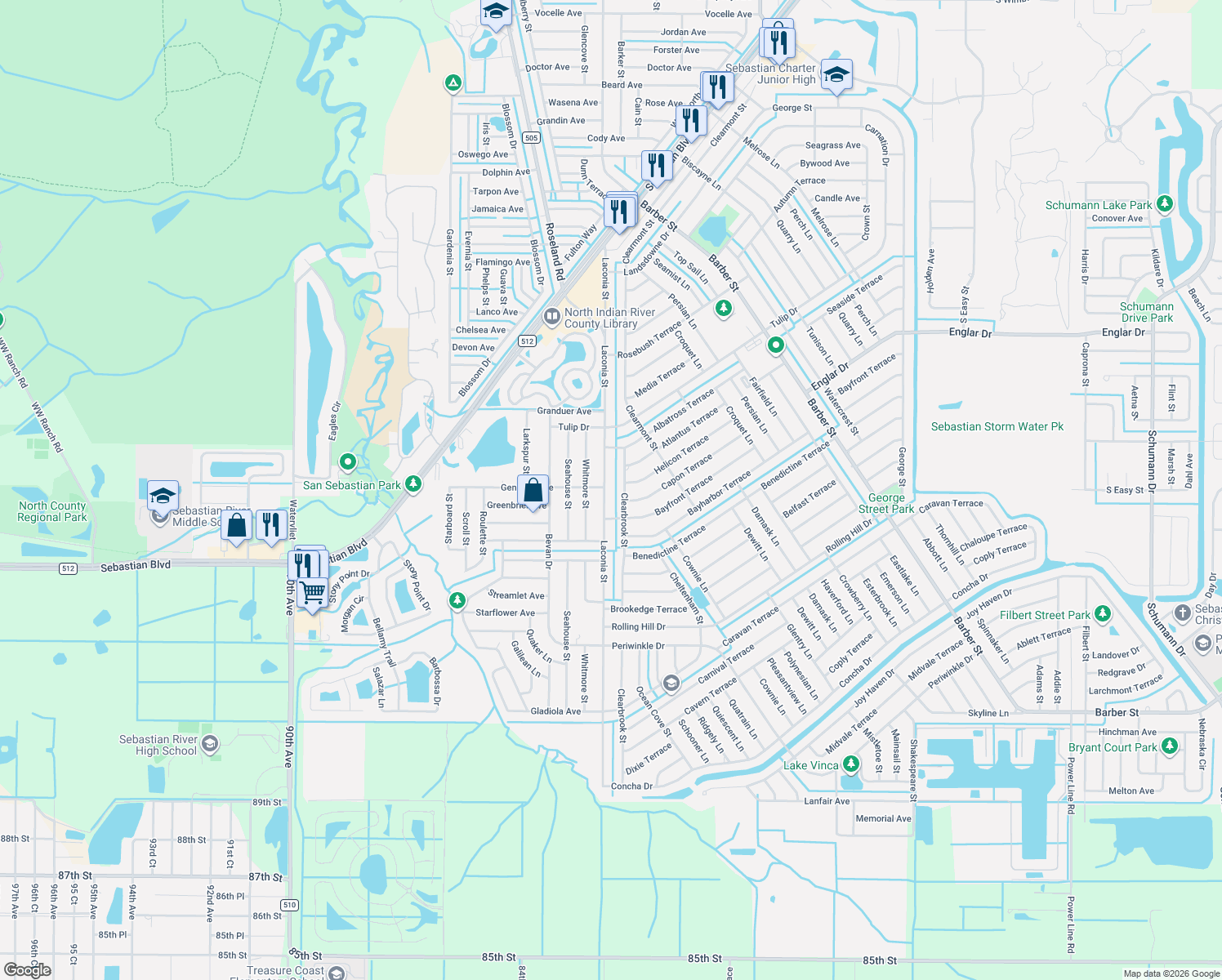 map of restaurants, bars, coffee shops, grocery stores, and more near 1302 Laconia Street in Sebastian