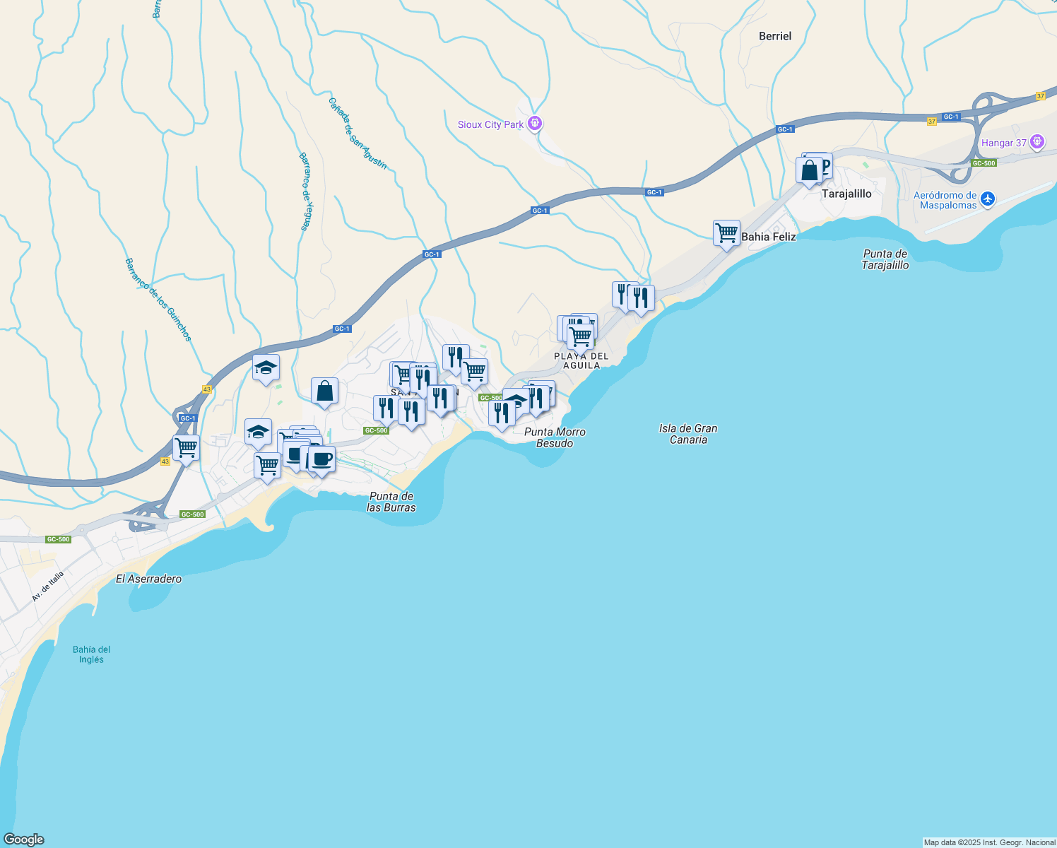 map of restaurants, bars, coffee shops, grocery stores, and more near Calle los Jazmines in San Bartolomé de Tirajana