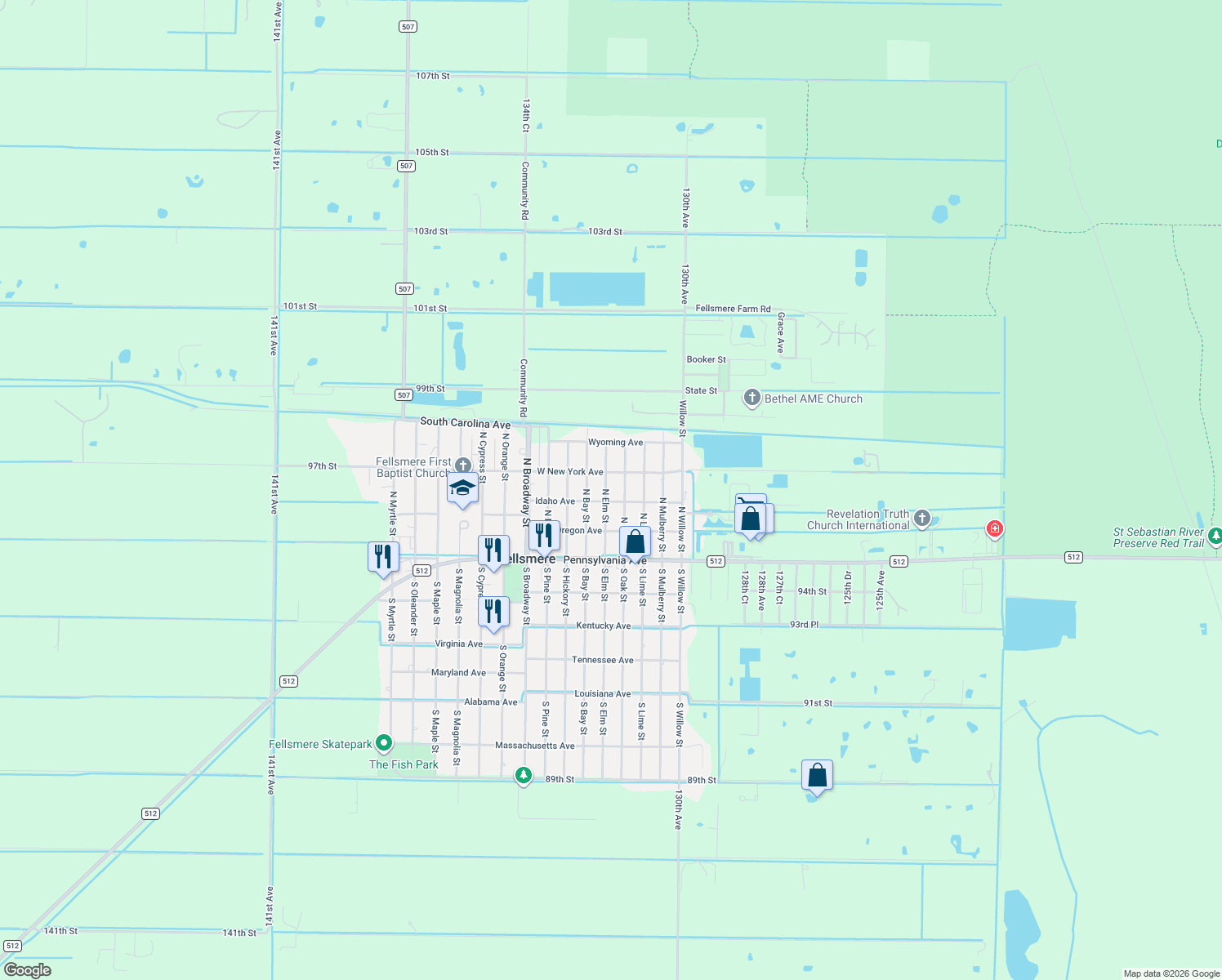 map of restaurants, bars, coffee shops, grocery stores, and more near 82 North Elm Street in Fellsmere