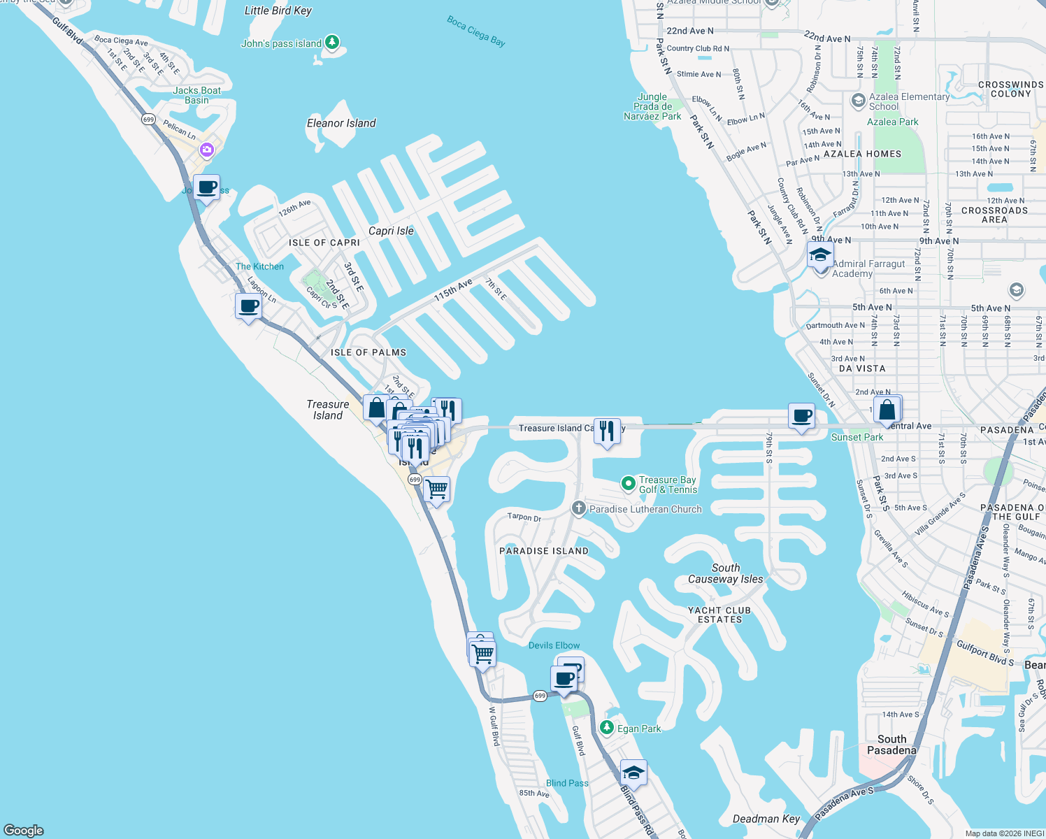 map of restaurants, bars, coffee shops, grocery stores, and more near 3 Paradise Lane in Treasure Island