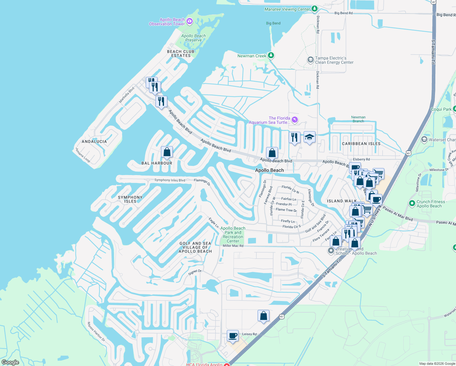 map of restaurants, bars, coffee shops, grocery stores, and more near 736 Gran Kaymen Way in Apollo Beach